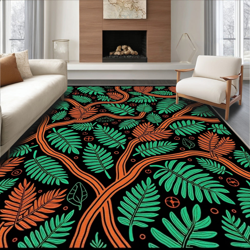 Jungle Fern Branch Black Orange Botanical Rug