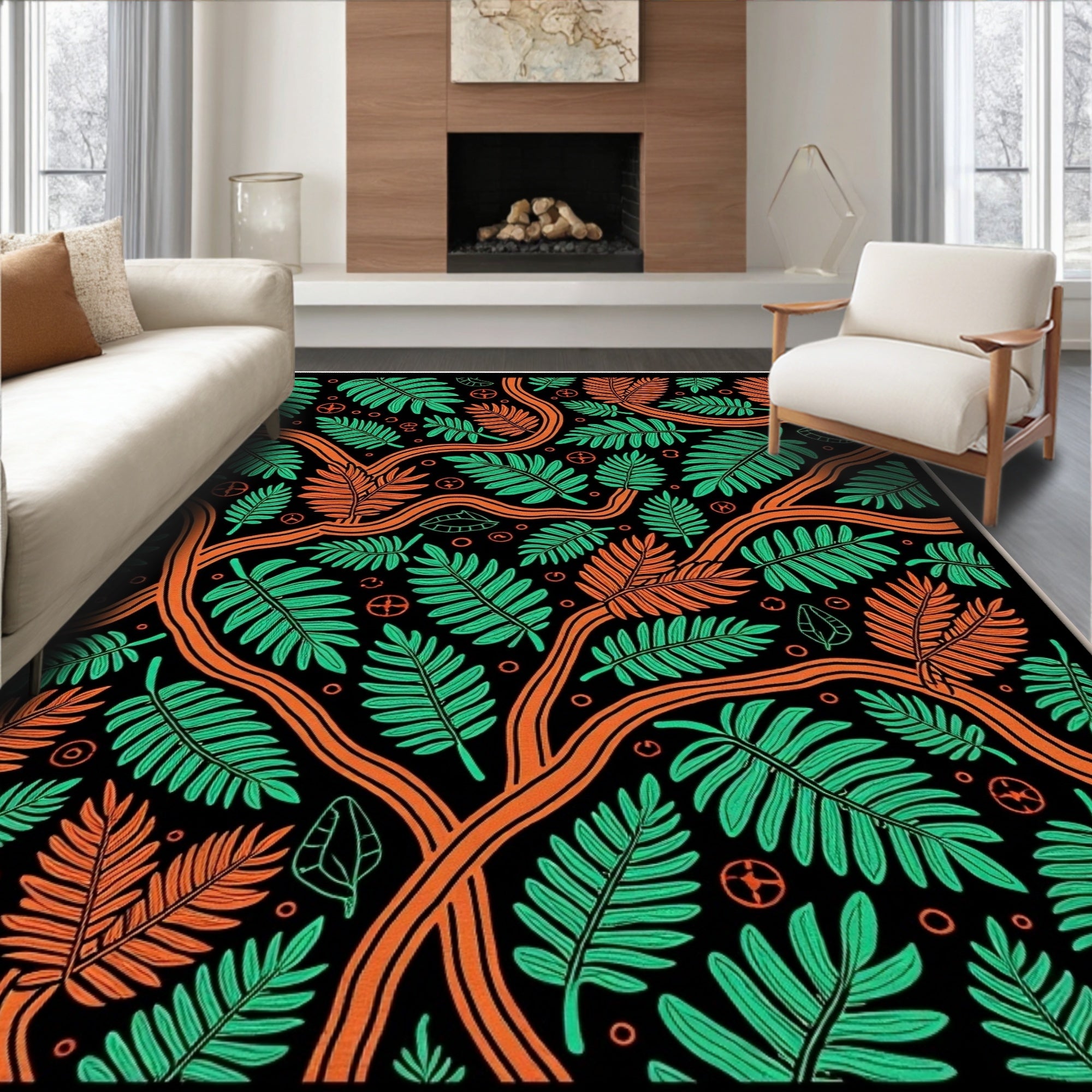 Jungle Fern Branch Black Orange Botanical Rug