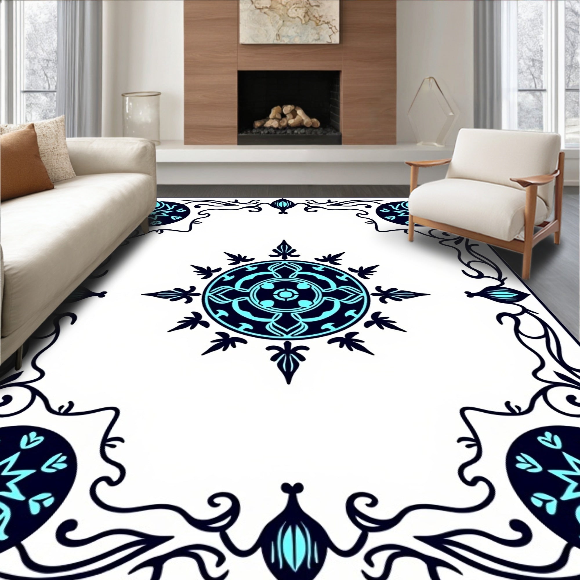 Navy And Teal Mandala Floral Rug
