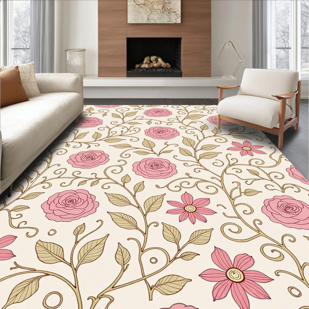 Pink Rose Floral Vine Pattern Rug