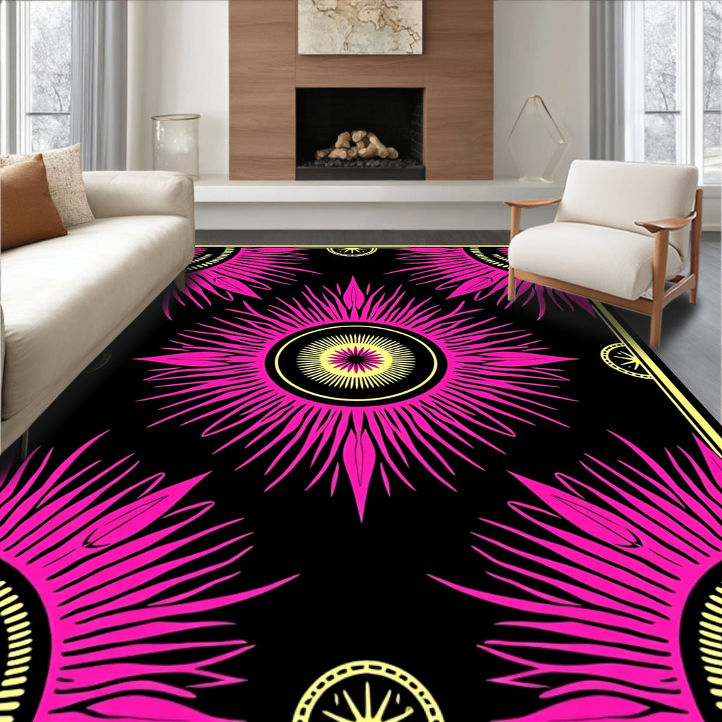 Vibrant Pink Sunburst Mandala Design Rug