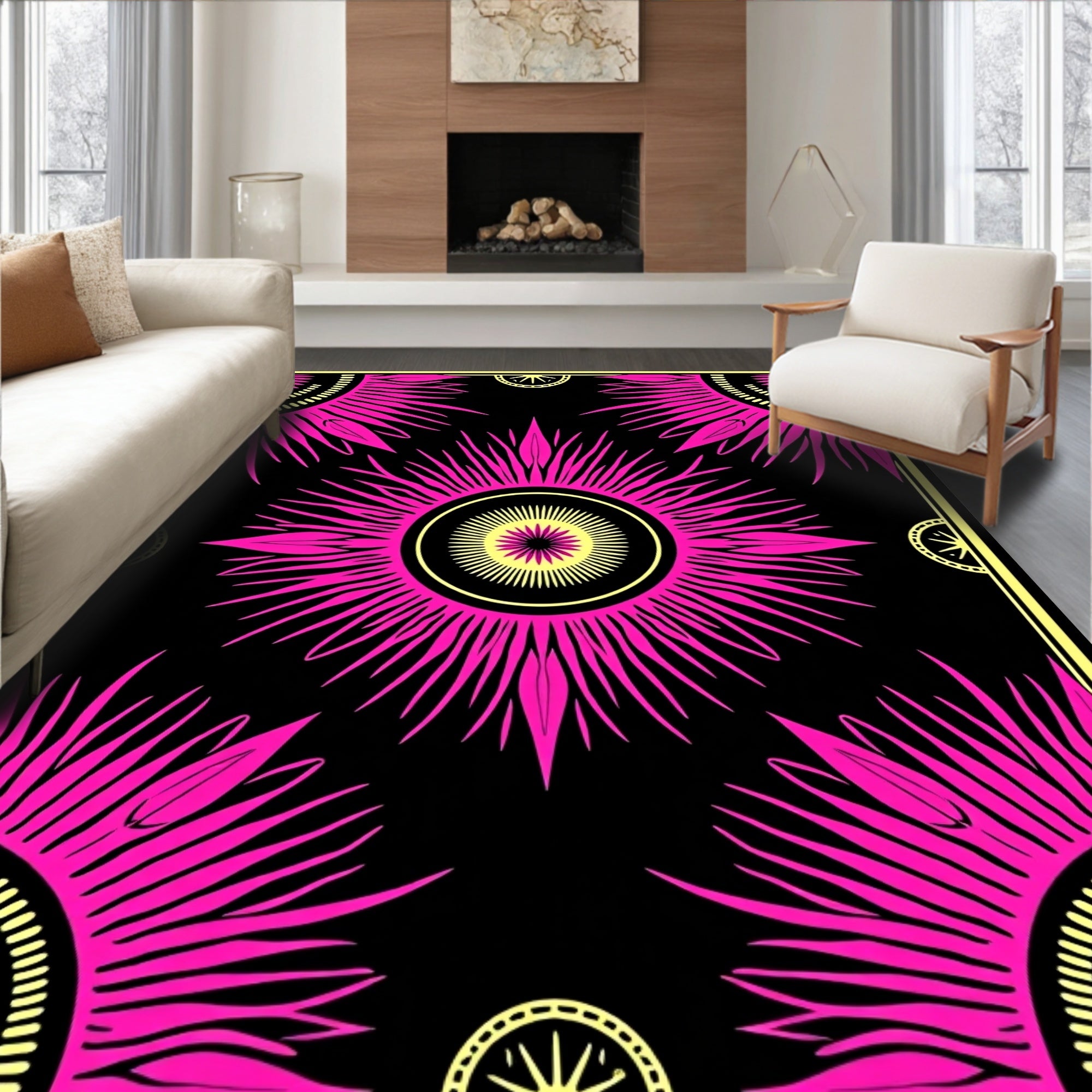 Vibrant Pink Sunburst Mandala Design Rug