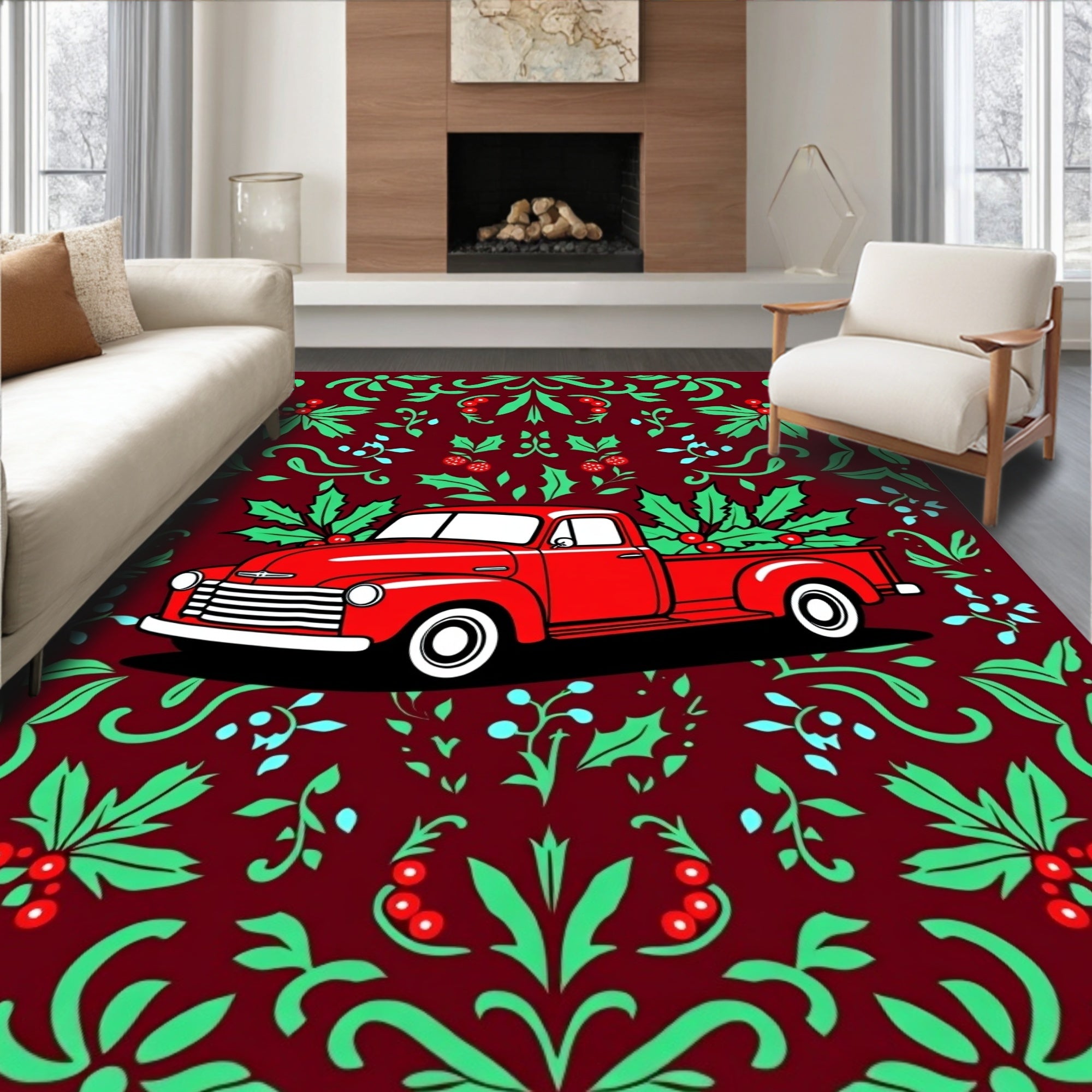 Crimson Red Truck Holly Floral Rug