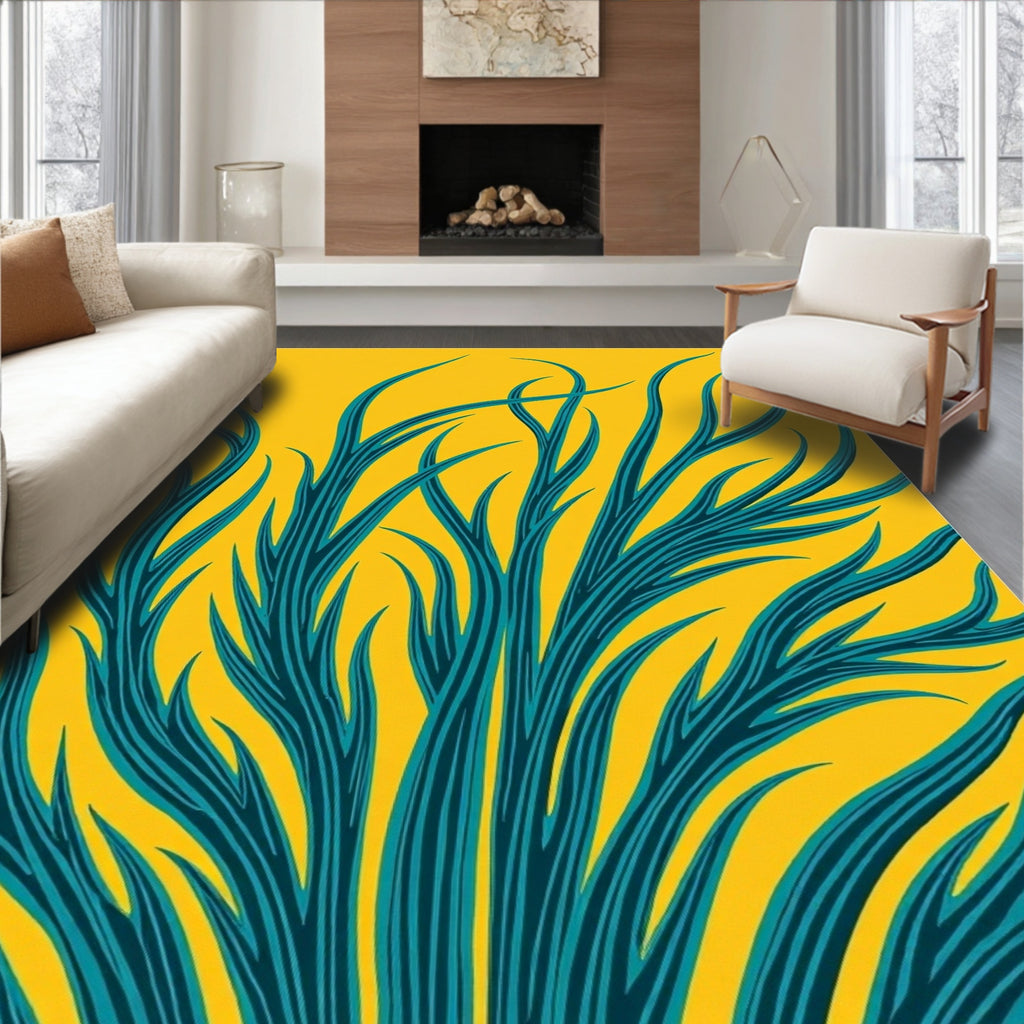 Abstract Teal Yellow Grass Pattern Rug