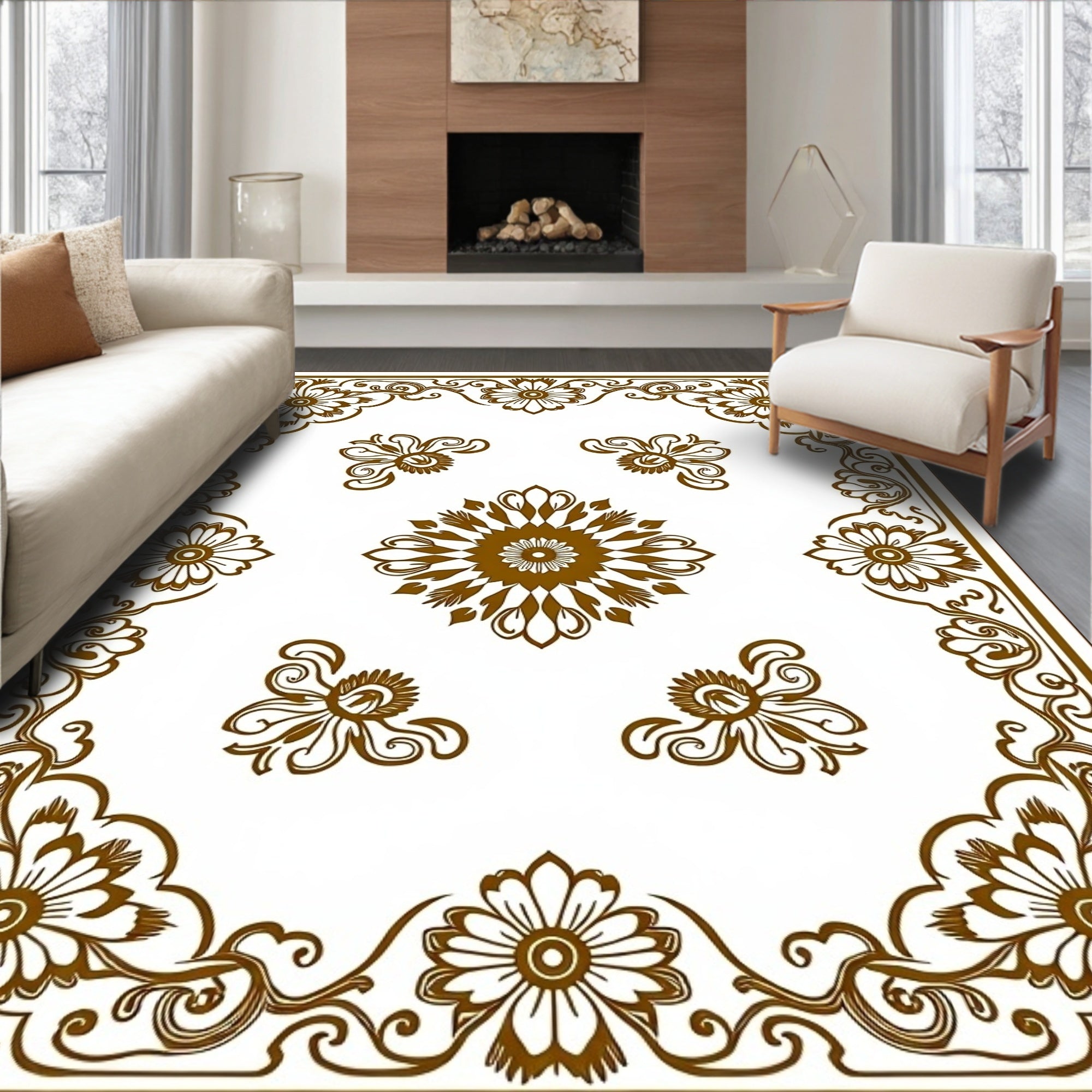 Elegant Brown Floral Medallion Design Rug