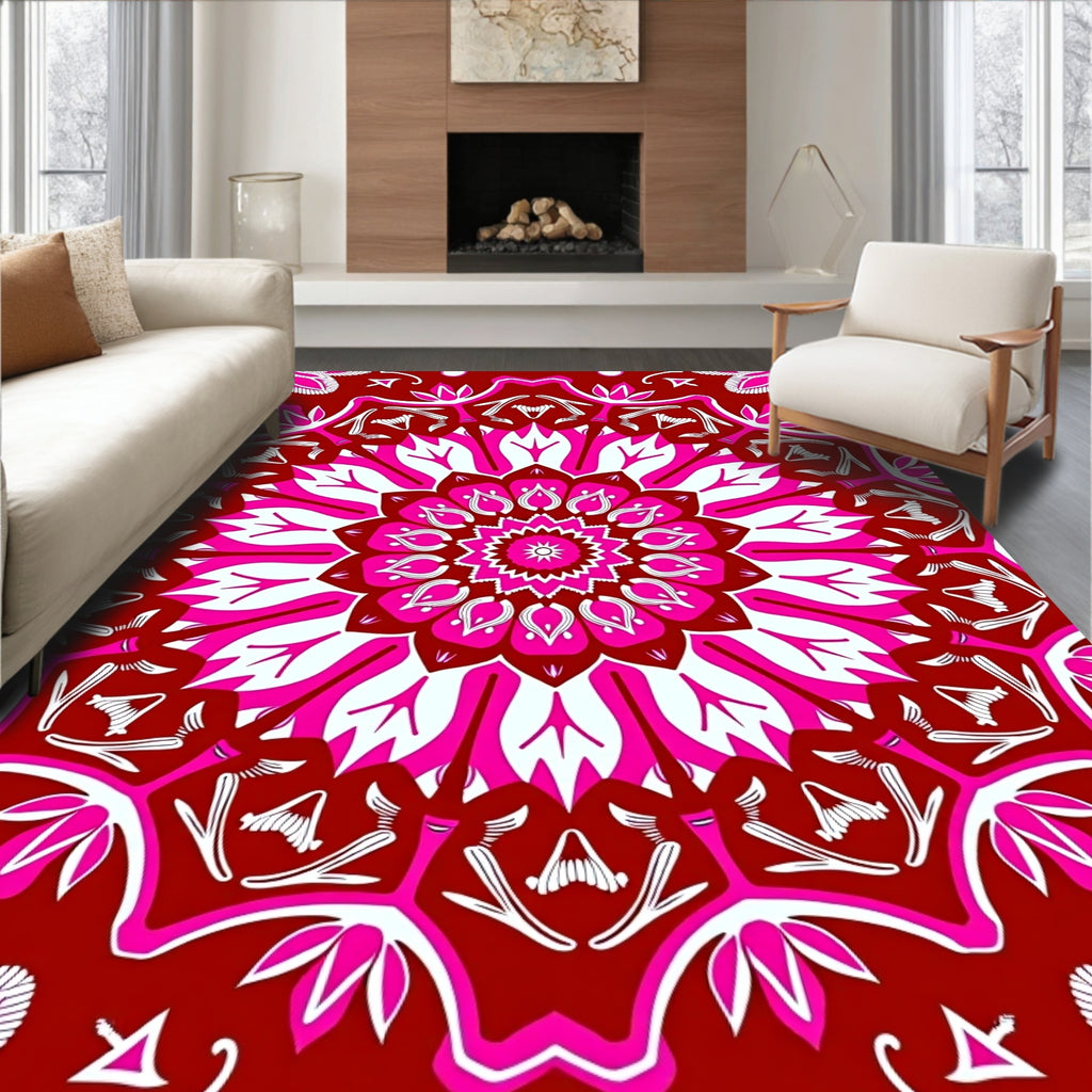 Vibrant Crimson Floral Mandala Design Rug