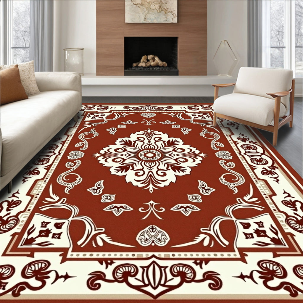 Rich Crimson Floral Inlay Rug