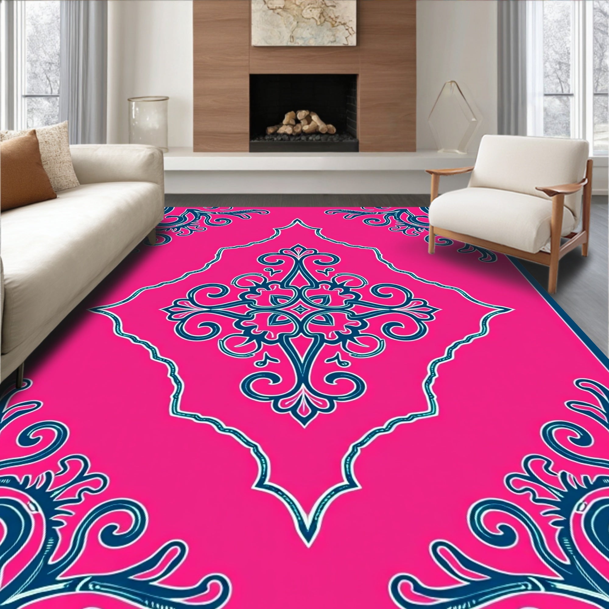 Vibrant Pink Paisley Swirl Design Rug