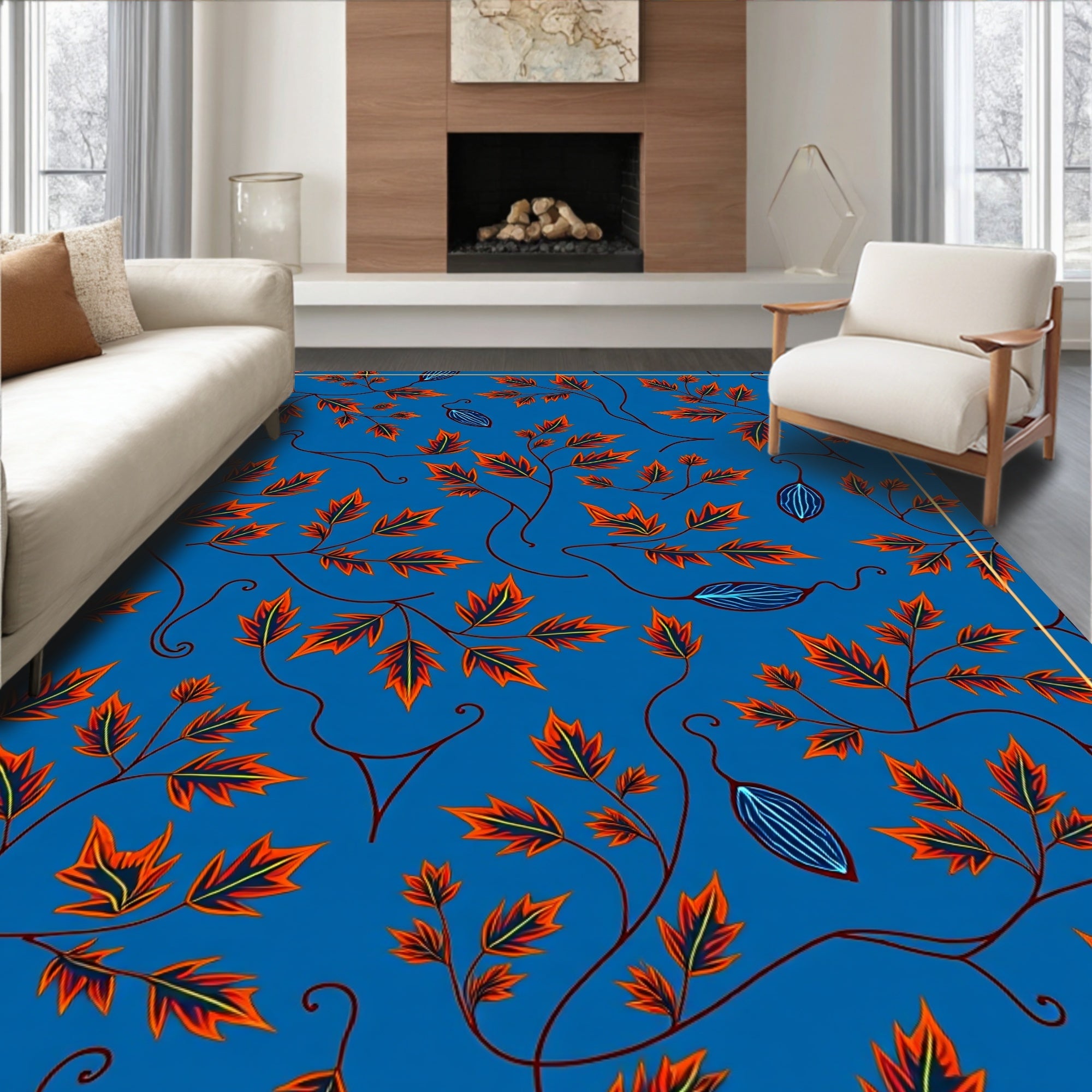Vibrant Blue Autumn Leaf Branch Rug