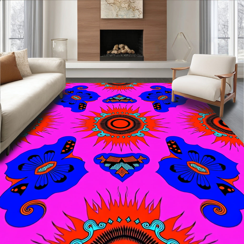 Vibrant Blue Floral Sunburst Pattern Rug