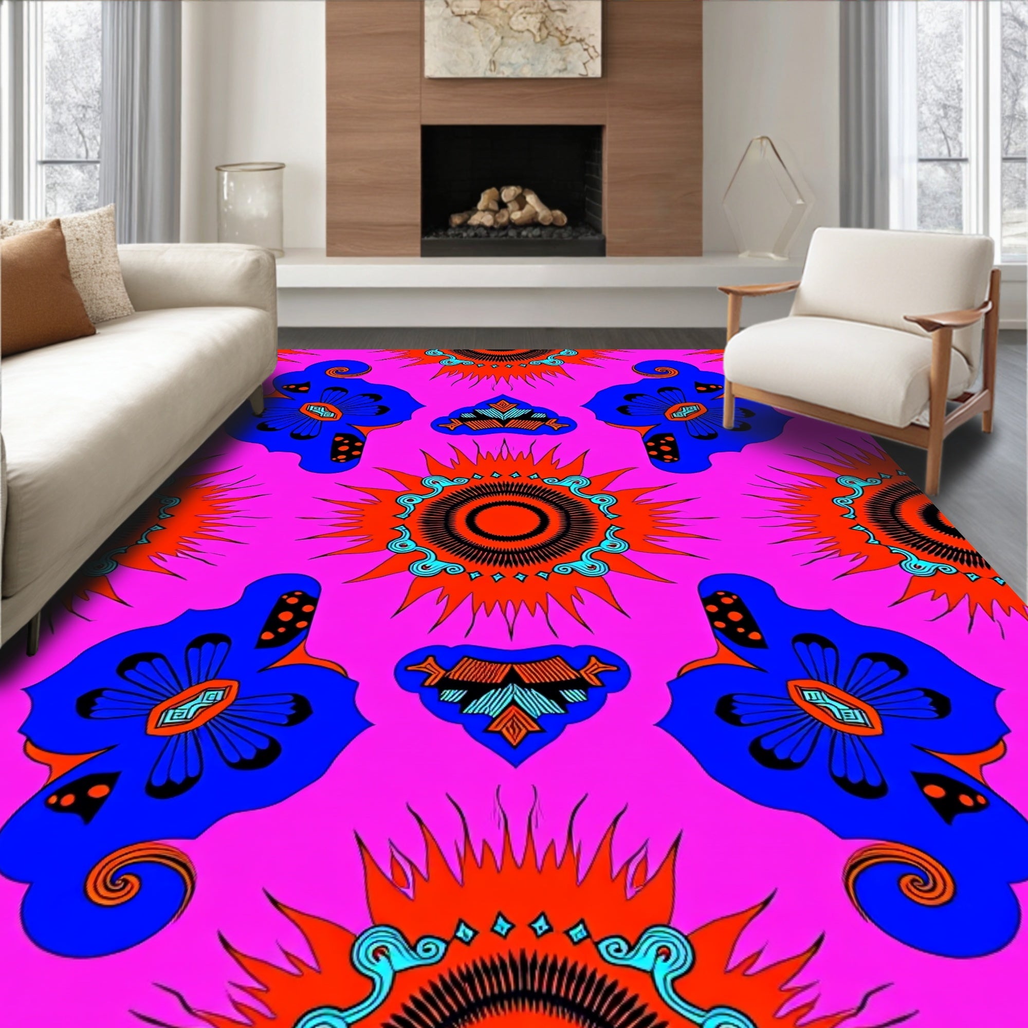Vibrant Blue Floral Sunburst Pattern Rug