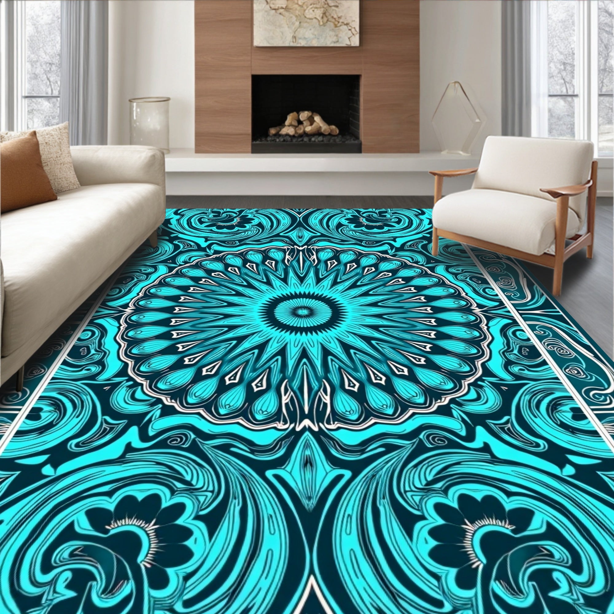 Intricate Teal Floral Geometric Mandala Rug