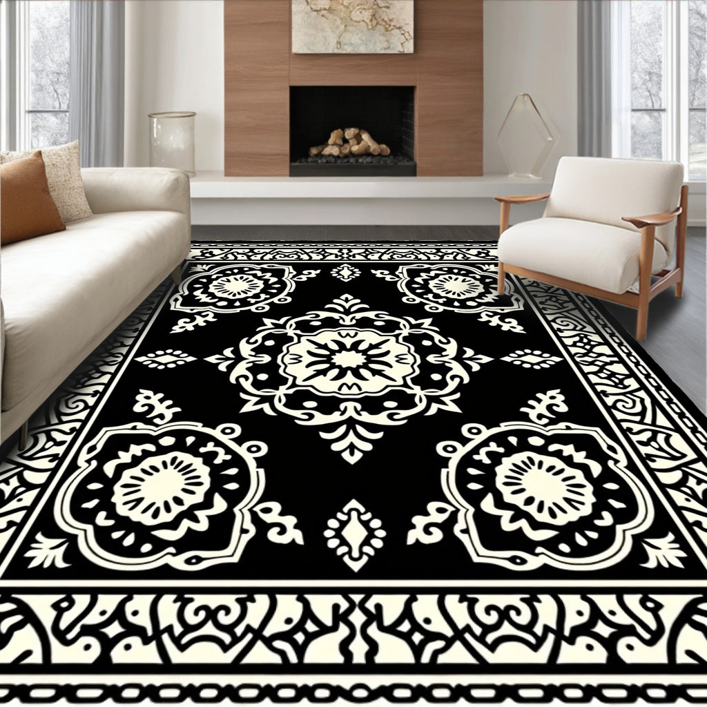 Classic Black Cream Floral Medallion Rug