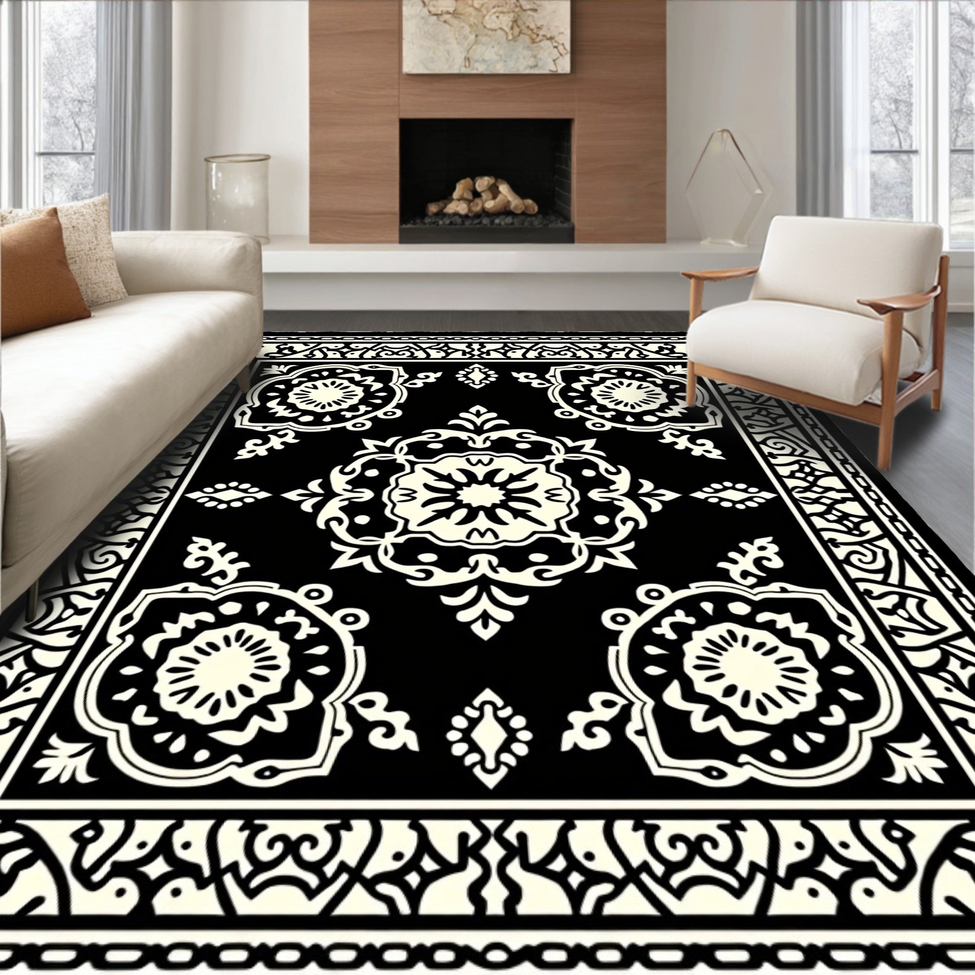 Classic Black Cream Floral Medallion Rug