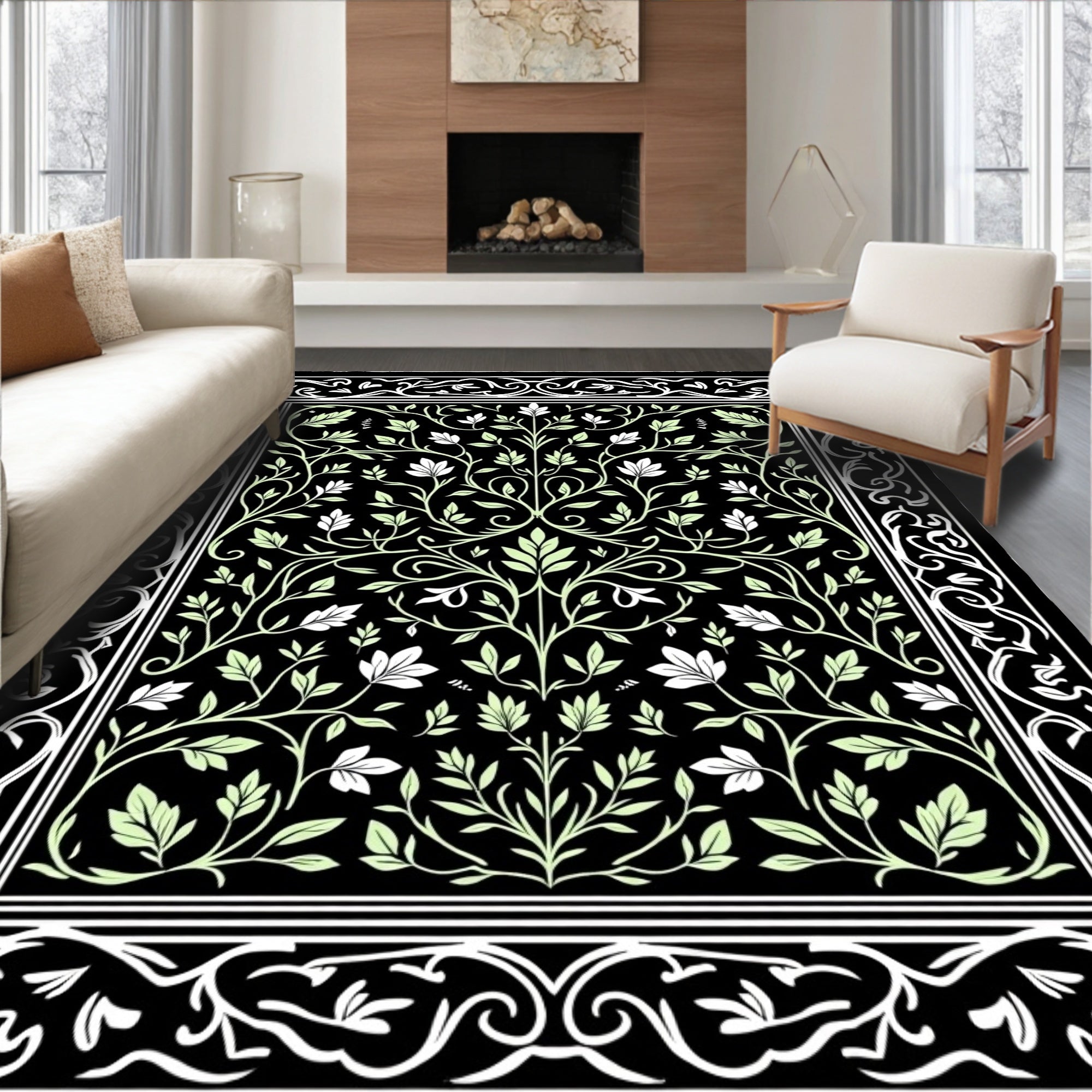 Intricate Floral Vine Black Background Rug
