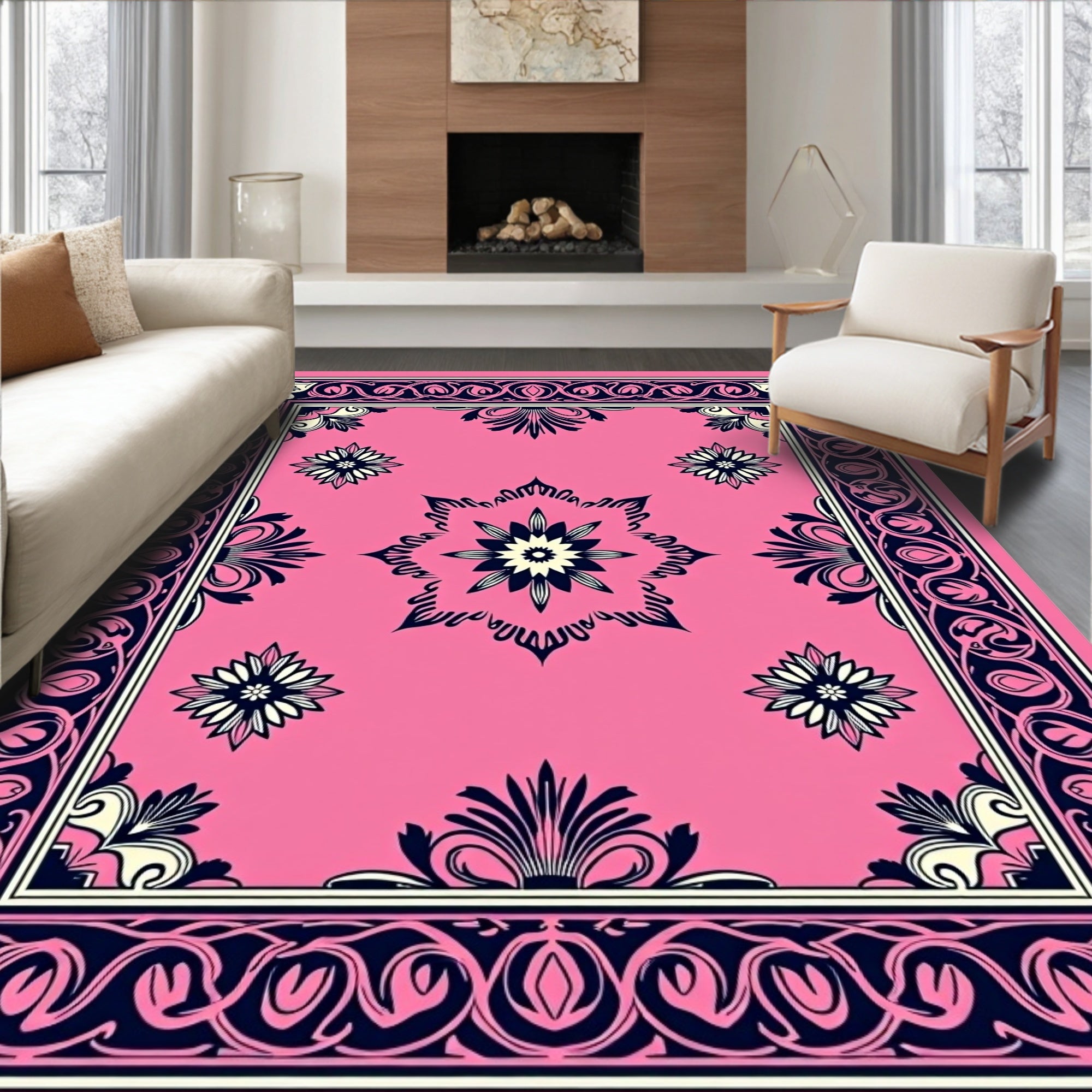 Pink Floral Geometric Mandala Pattern Rug