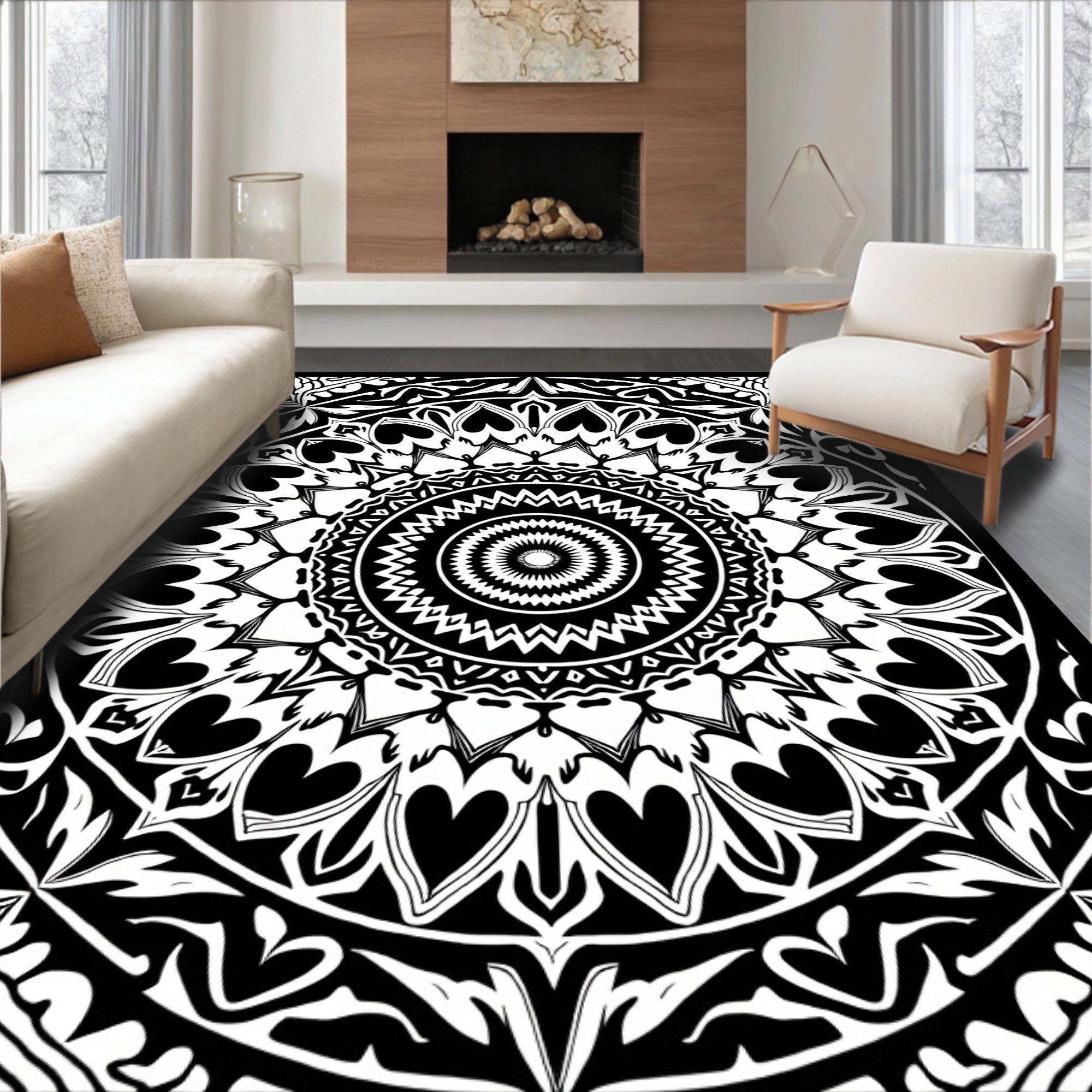 Intricate Black White Mandala Pattern Rug