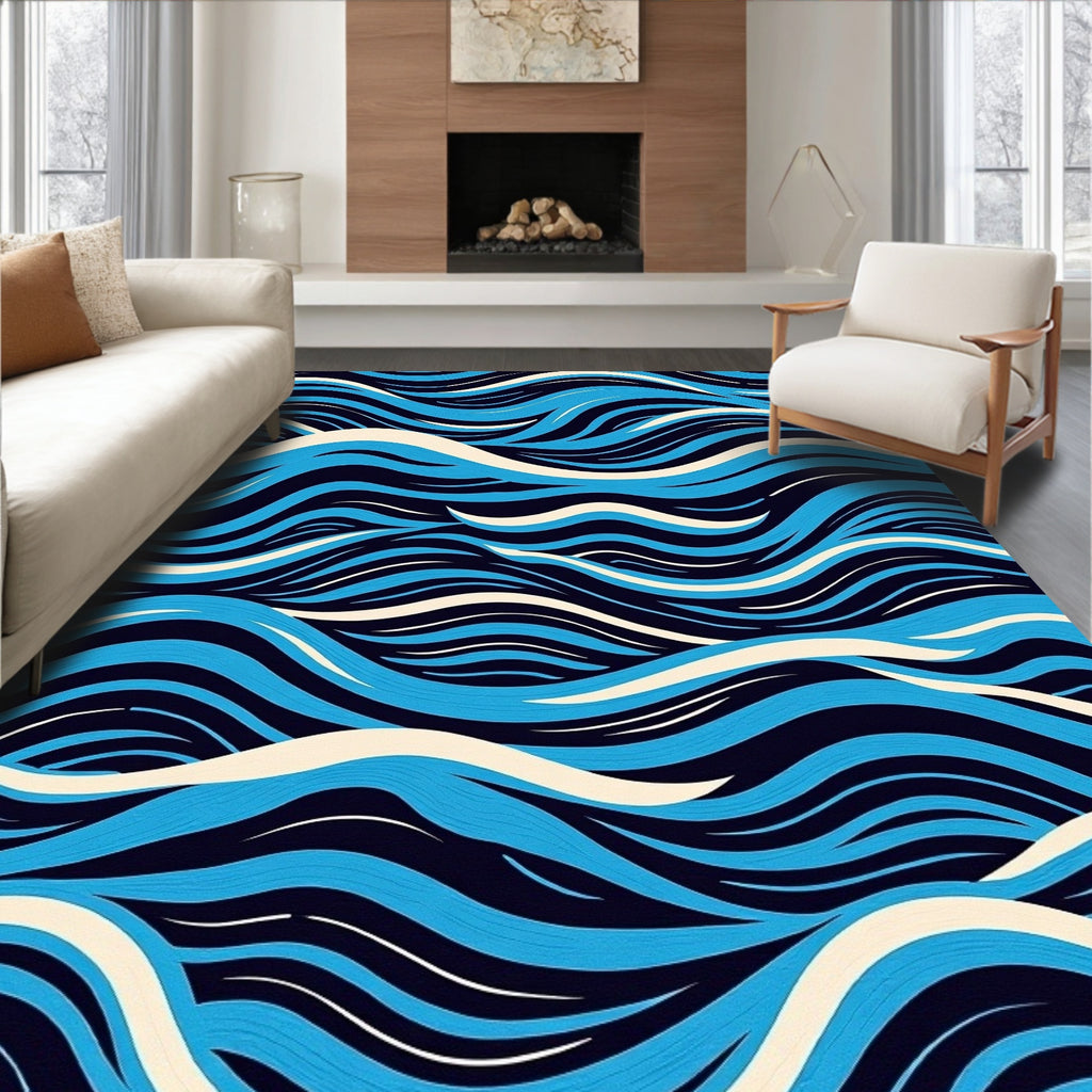 Serene Blue Wave Pattern Design Rug
