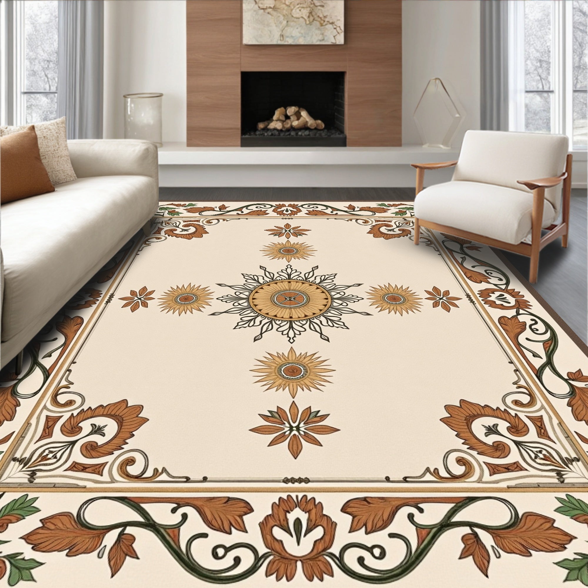 Ornate Floral Sunburst Frame Design Rug