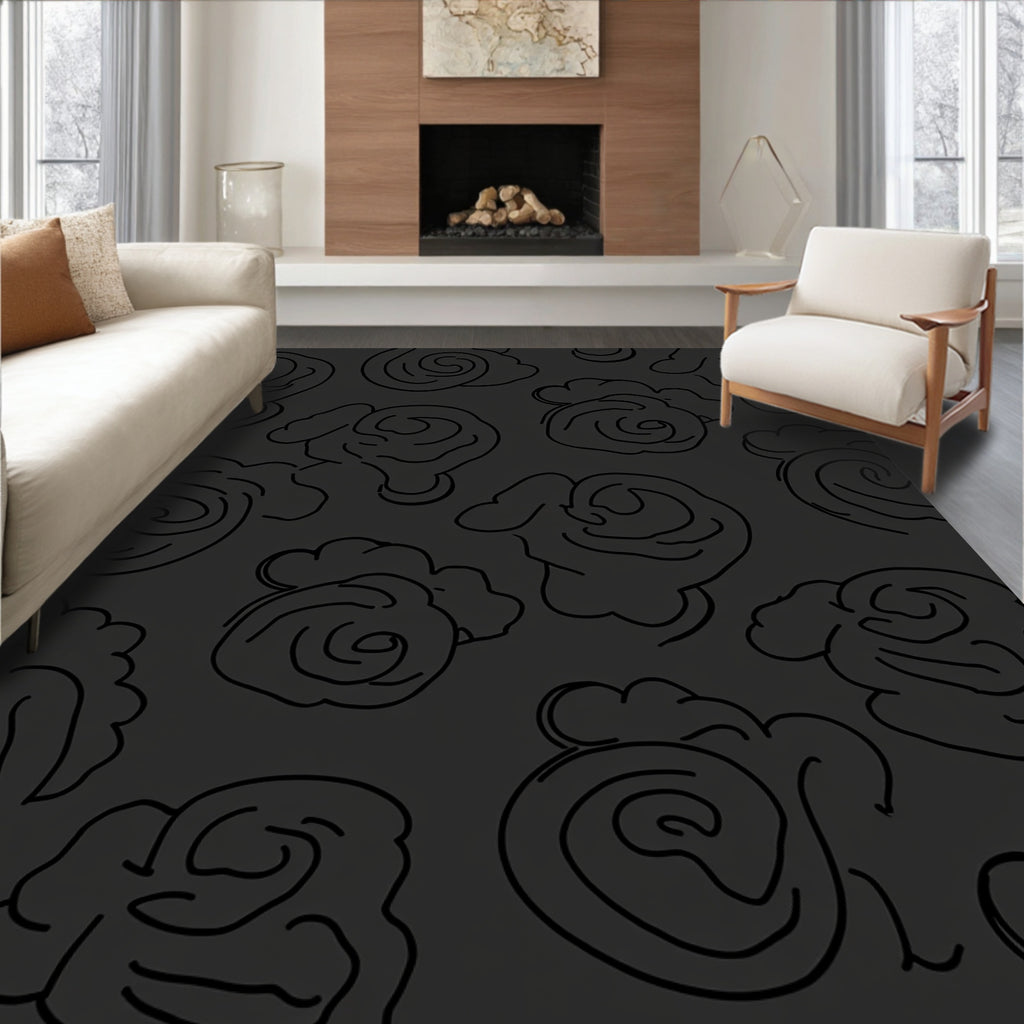 Subtle Black Floral Abstract Design Rug