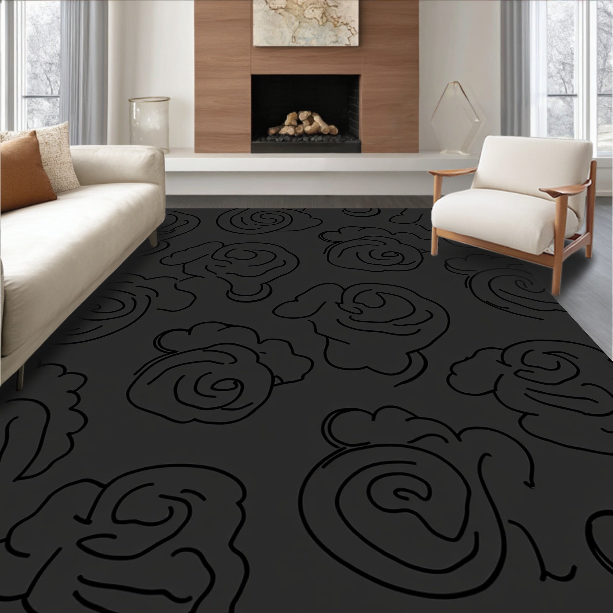 Subtle Black Floral Abstract Design Rug