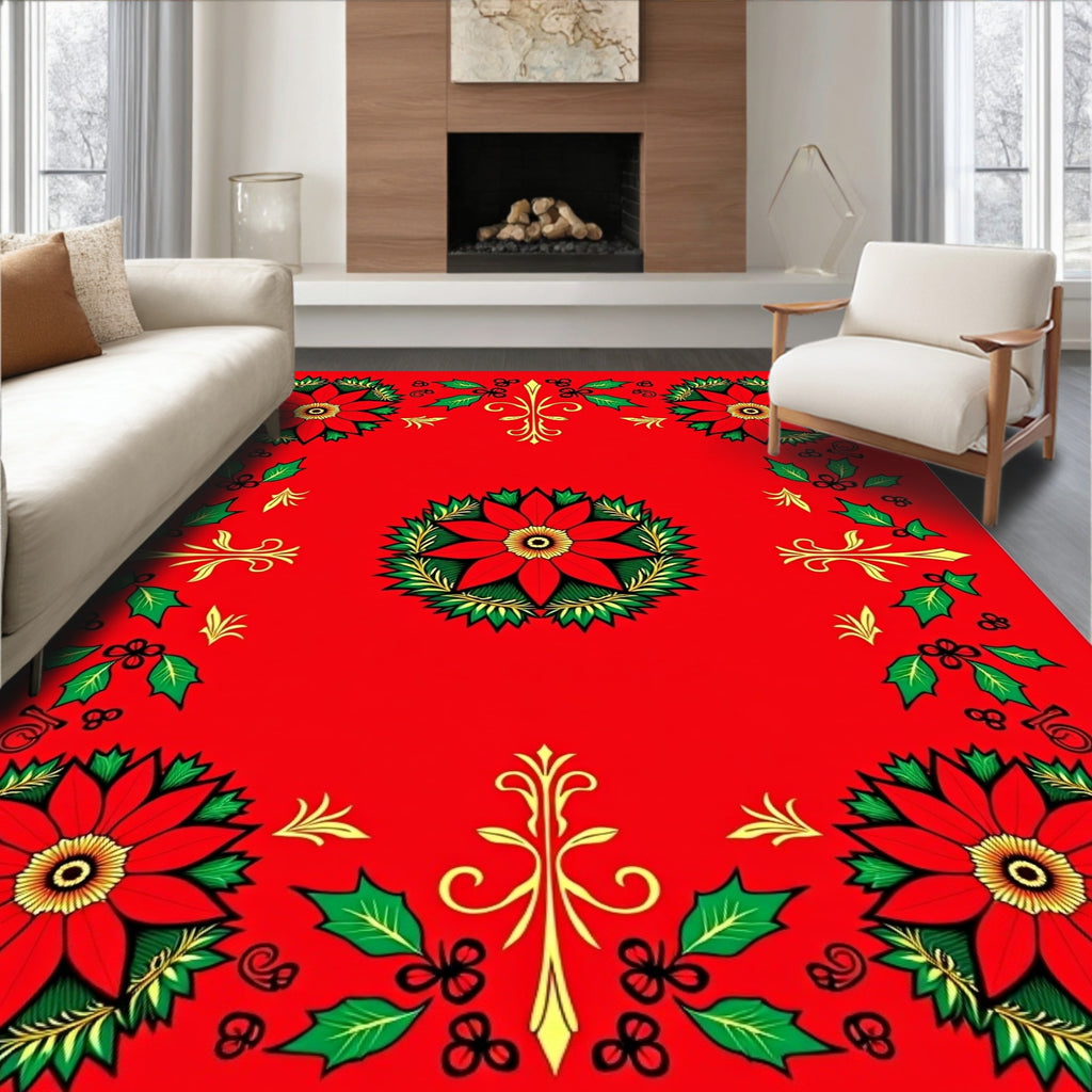 Red Poinsettia Holly Christmas Frame Rug