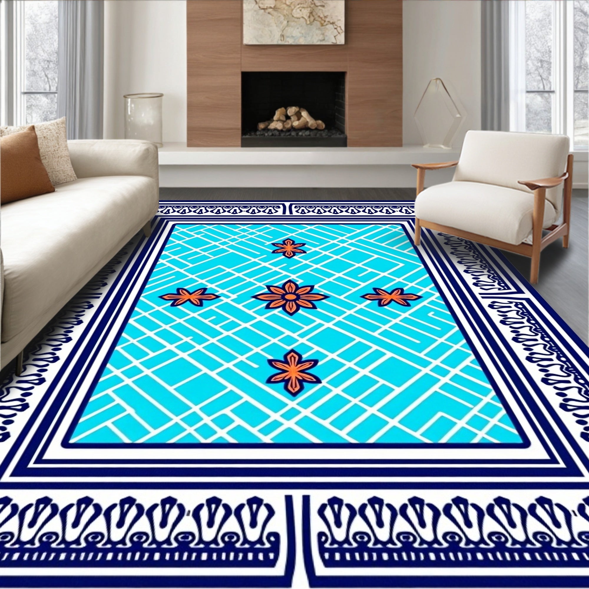 Geometric Floral Blue White Rug