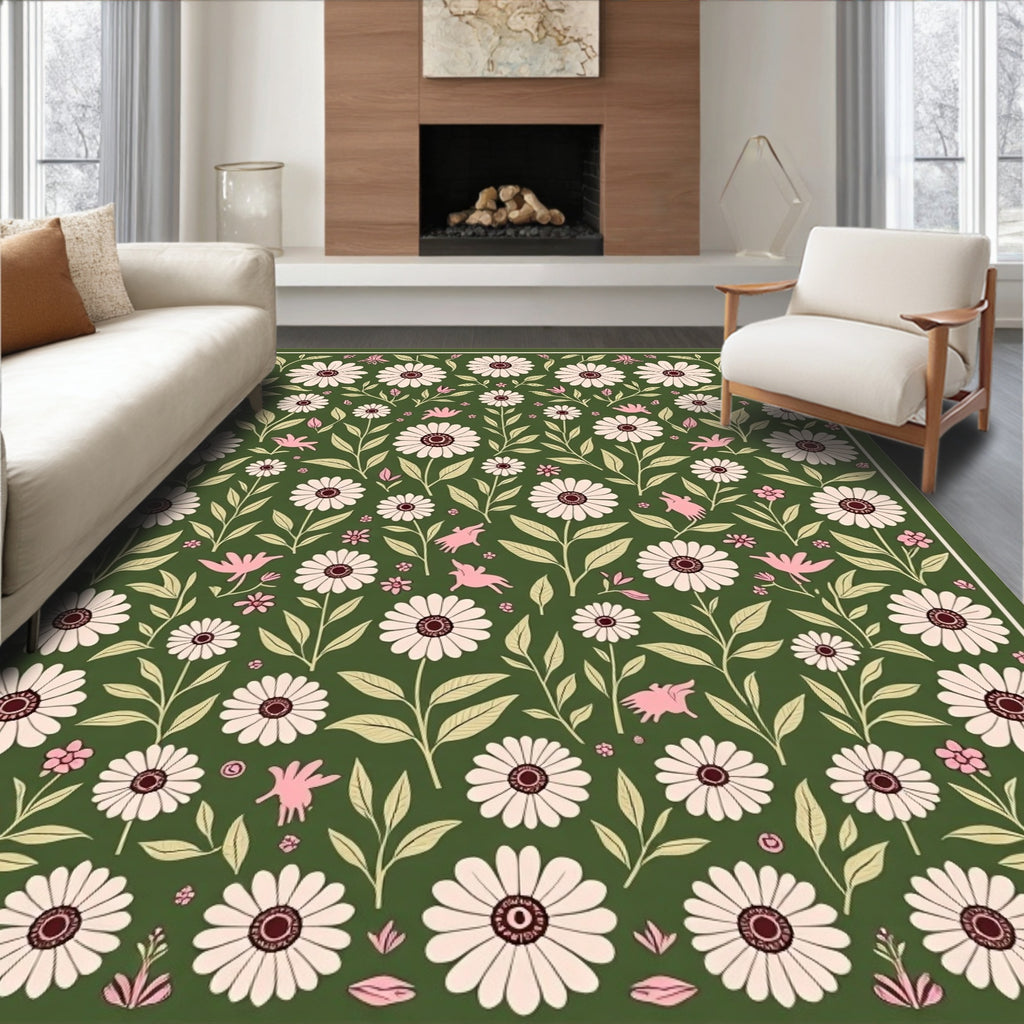Charming Floral Bird Meadow Pattern Rug