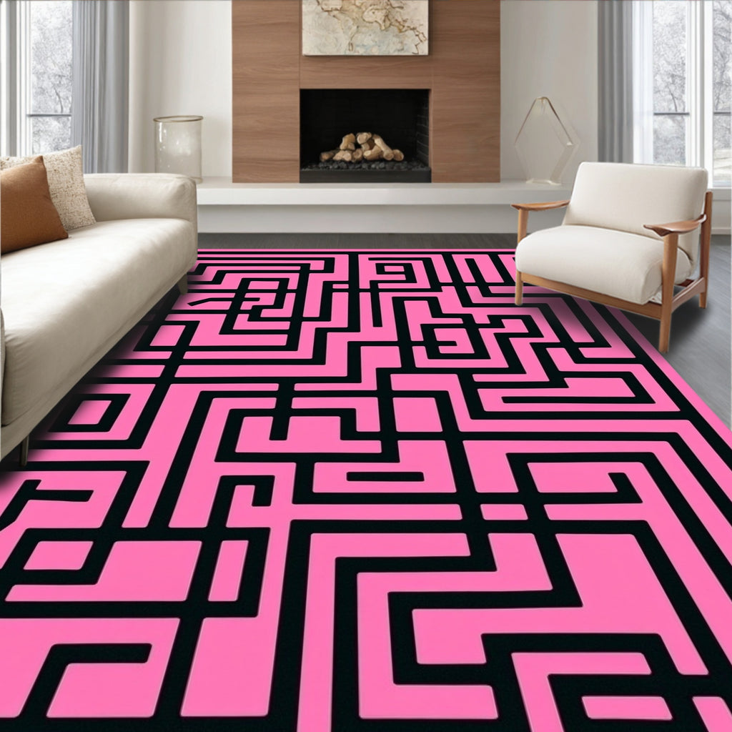 Pink Black Labyrinth Graphic Rug