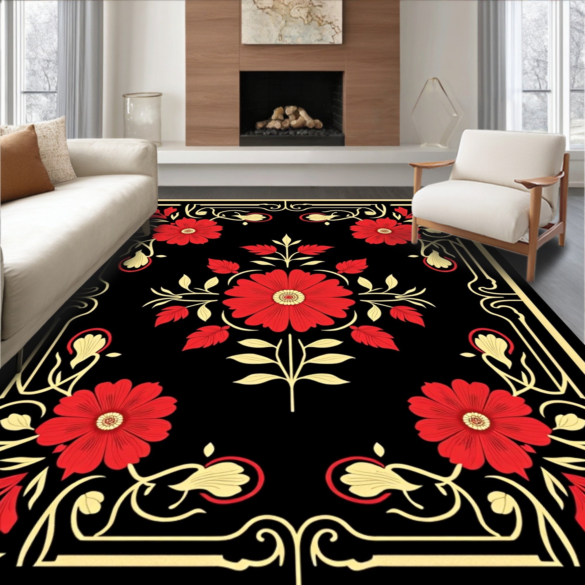 Red Floral With Gold Border Design Rug