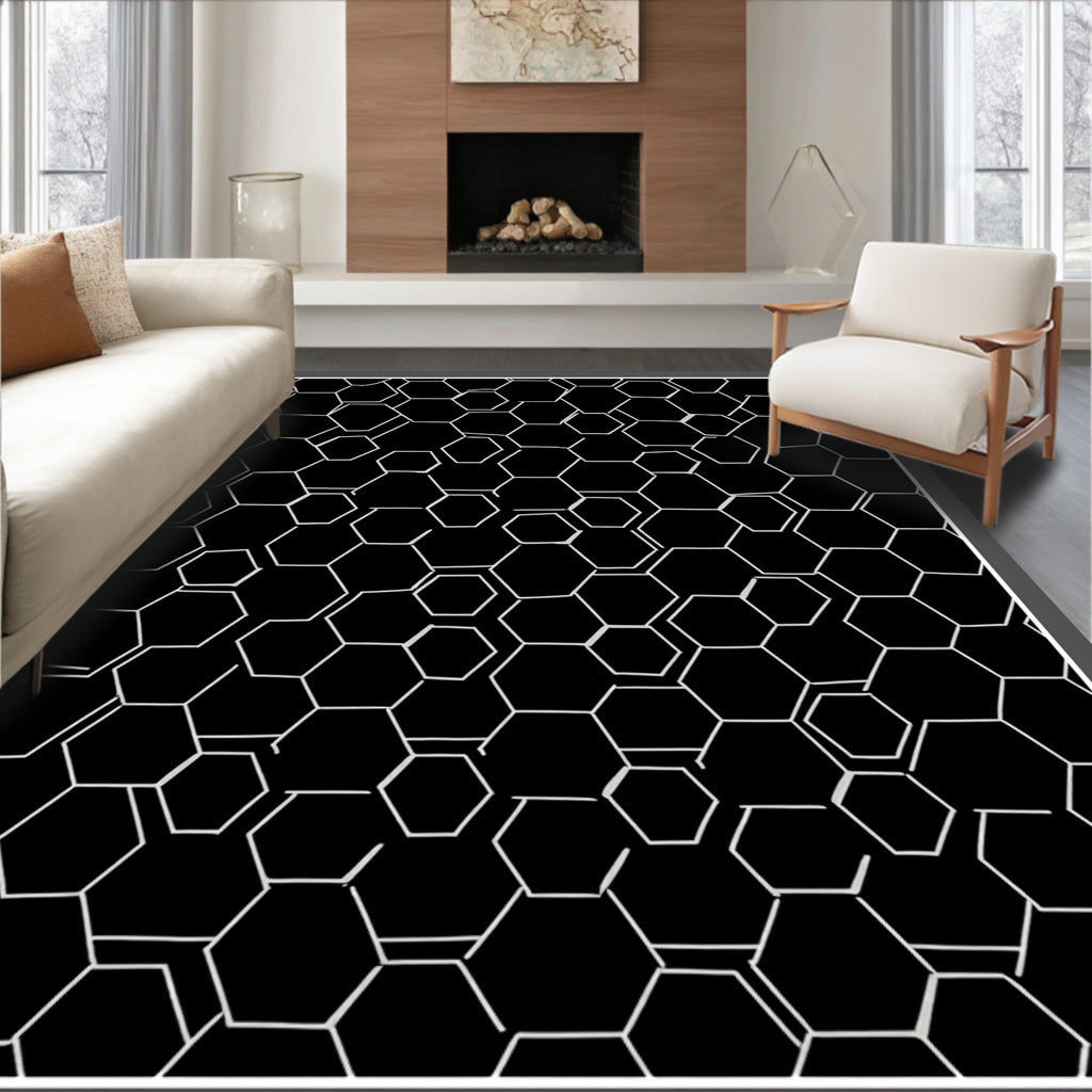 Black White Hexagonal Net Pattern Rug