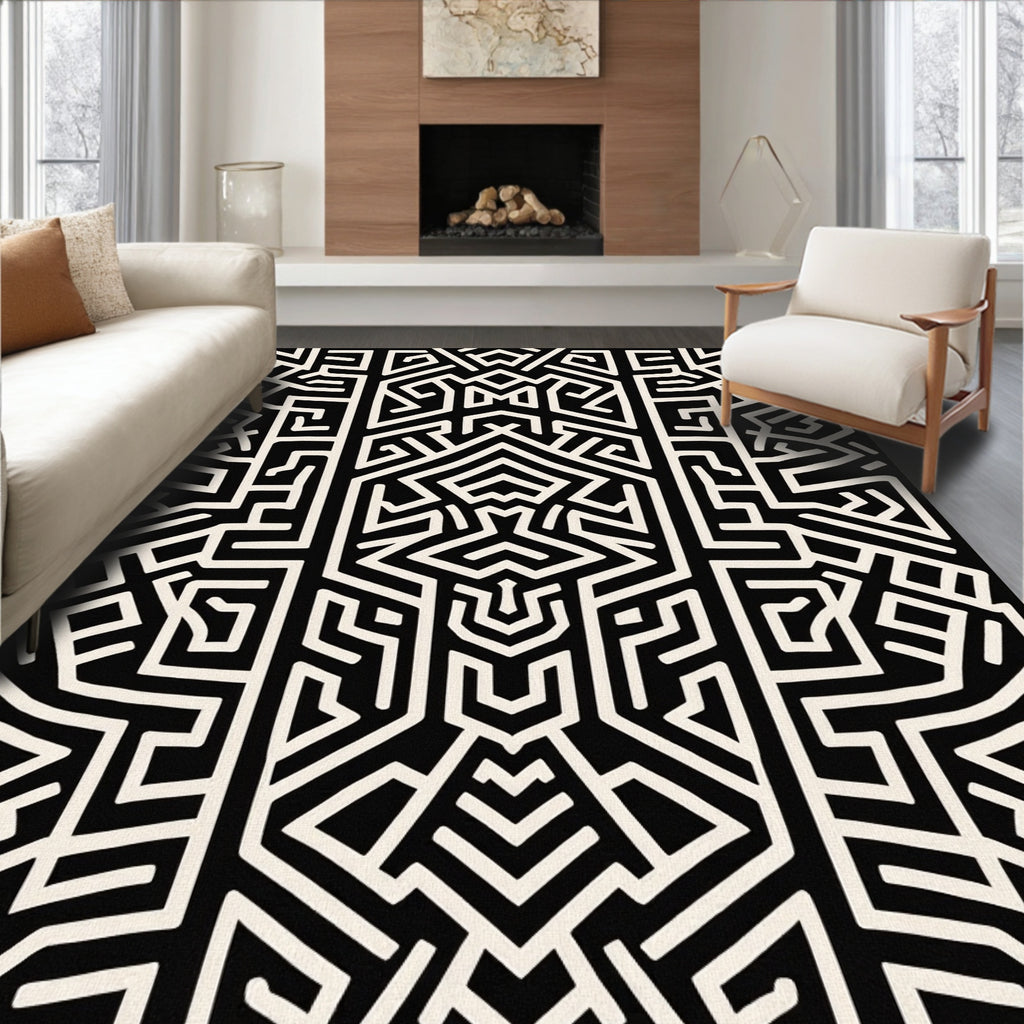 Black White Bold Geometric Maze Pattern Rug