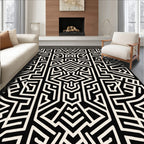 Black White Bold Geometric Maze Pattern Rug