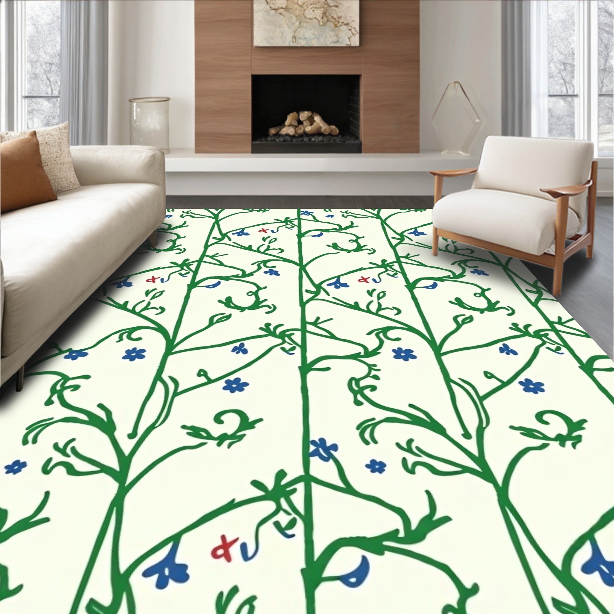 Botanical Vine With Blue Floral Pattern Rug