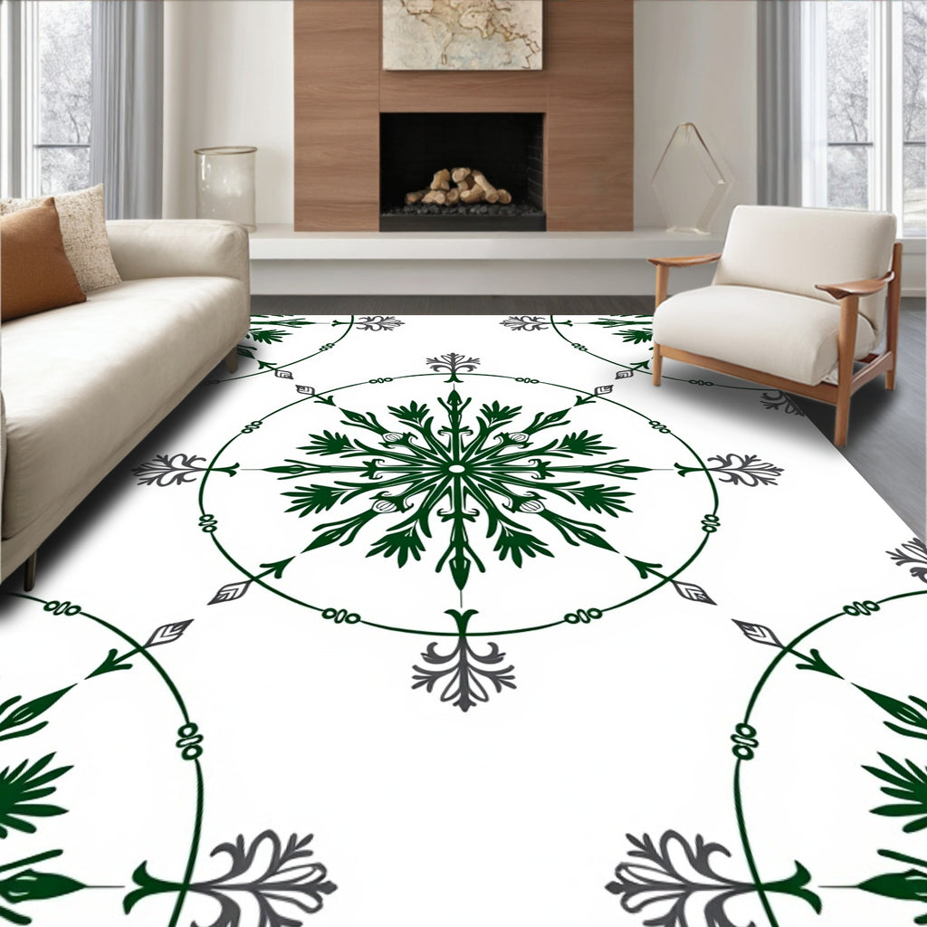 Dark Green Floral Medallion Circles Rug