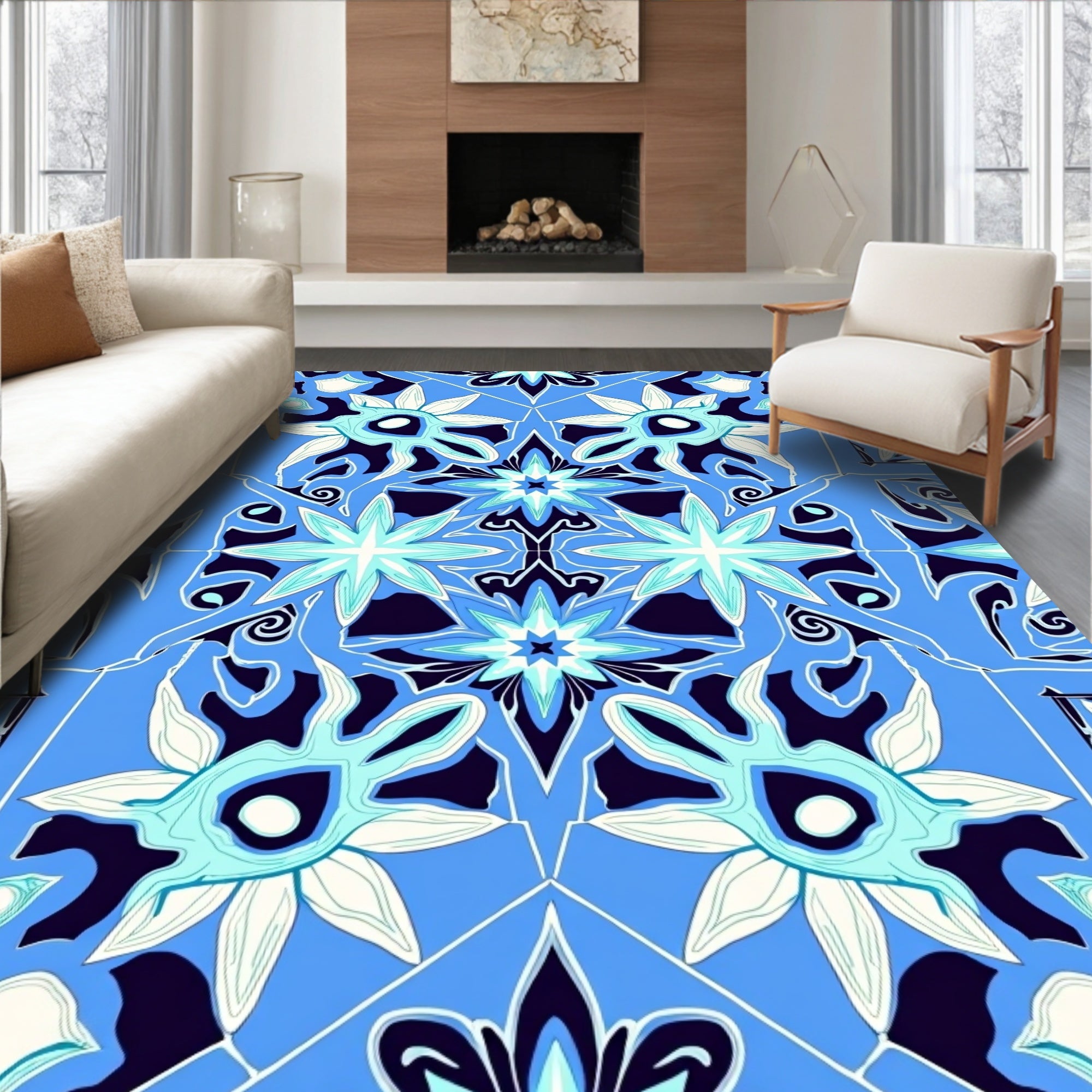 Symmetric Floral Patterned Royal Blue Rug
