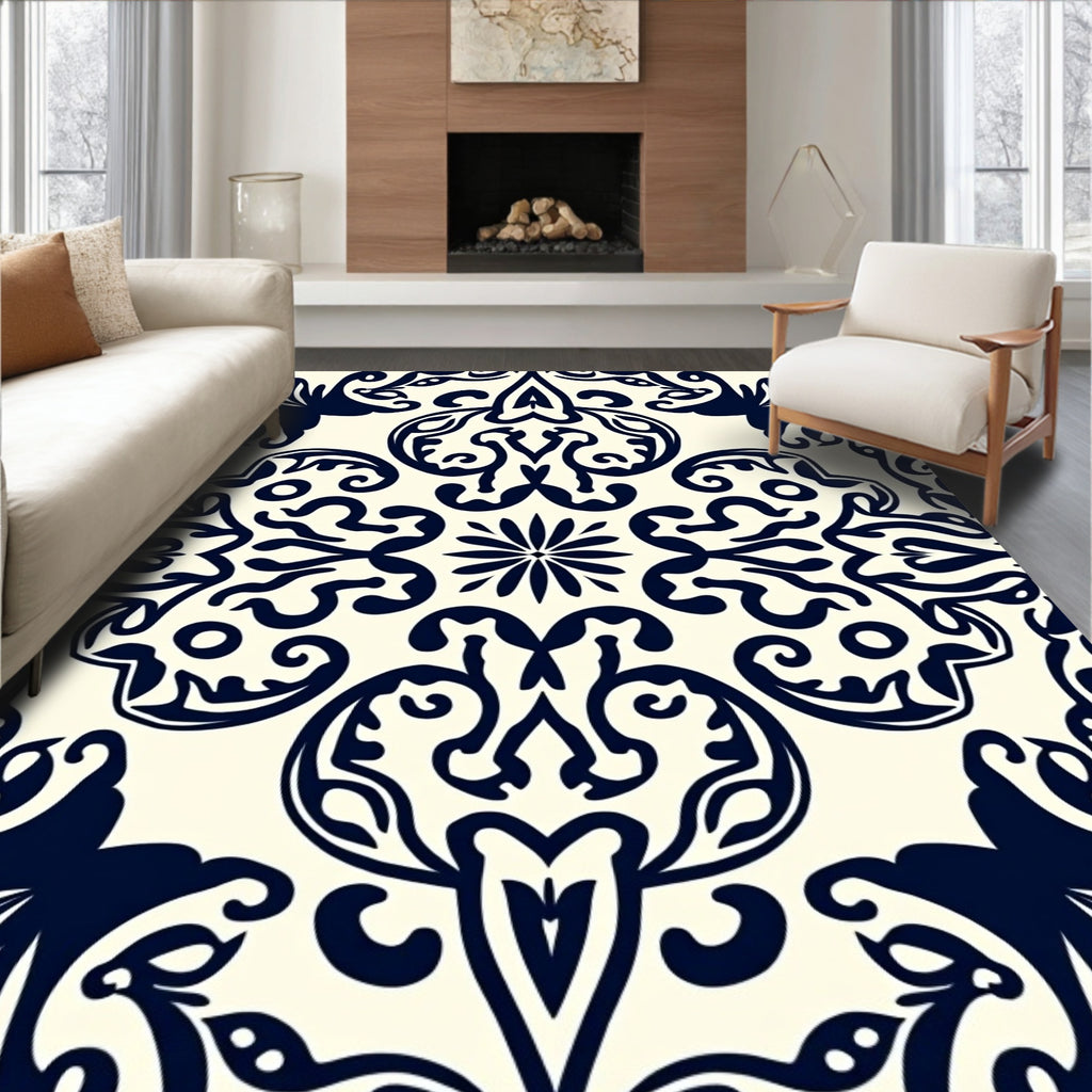 Dark Blue Damask Scroll Pattern Rug