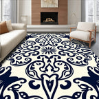 Dark Blue Damask Scroll Pattern Rug