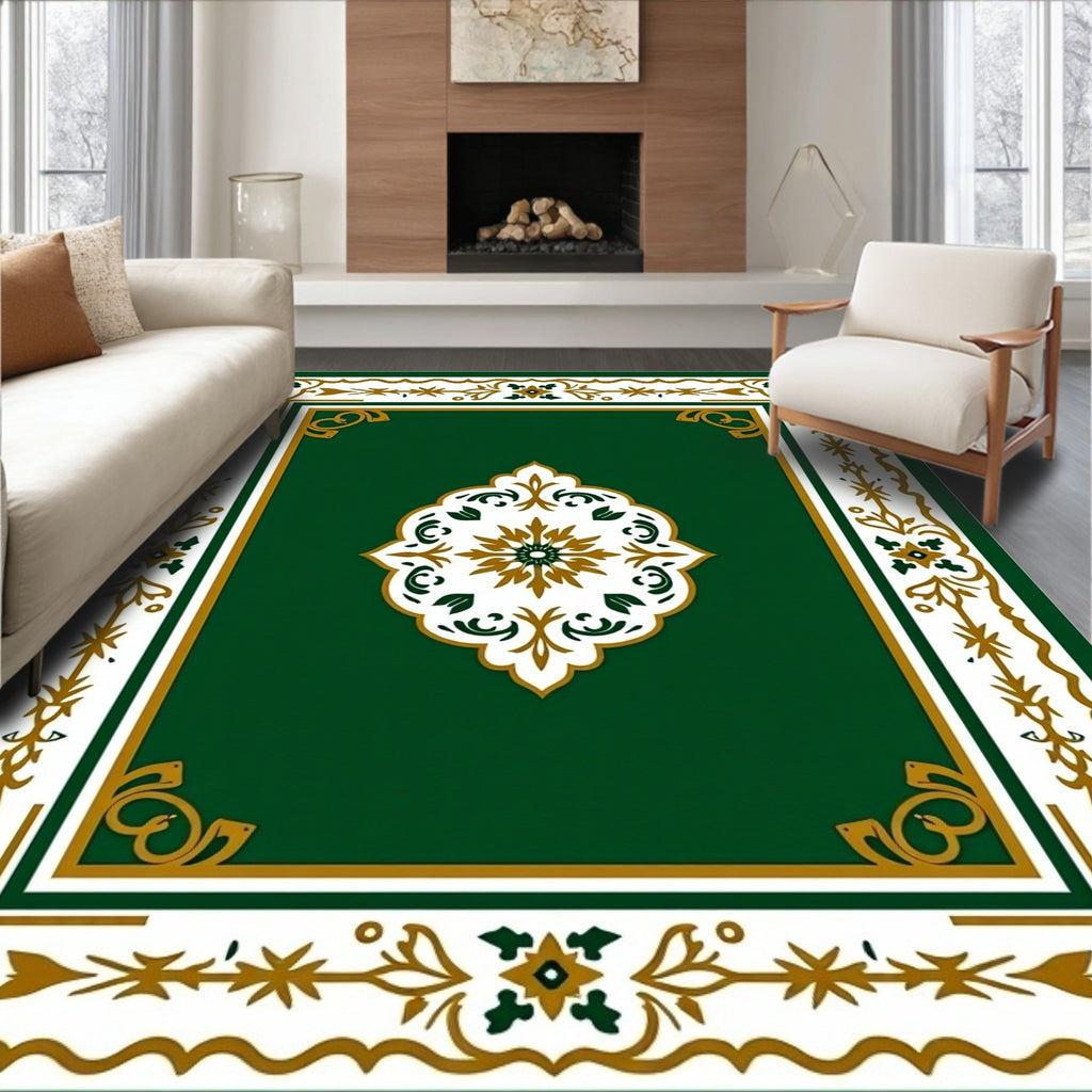 Ornate Green Gold Floral Scroll Design Rug