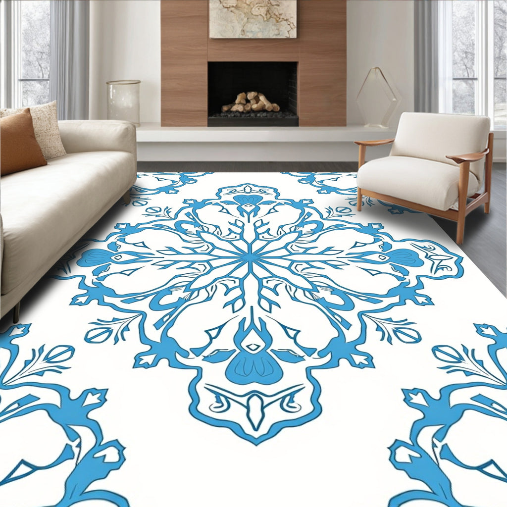 Elegant Blue Floral Mandala Design Rug