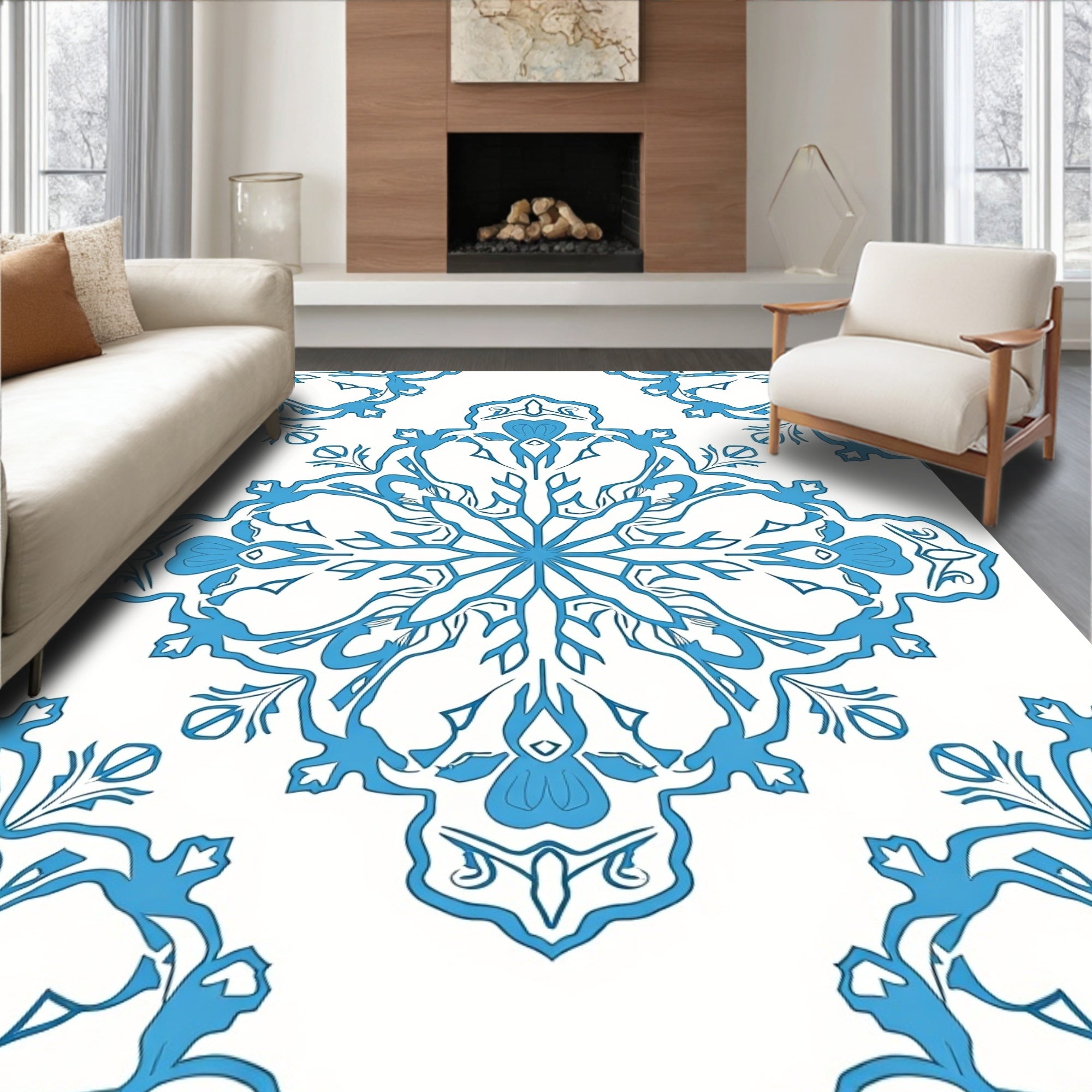 Elegant Blue Floral Mandala Design Rug