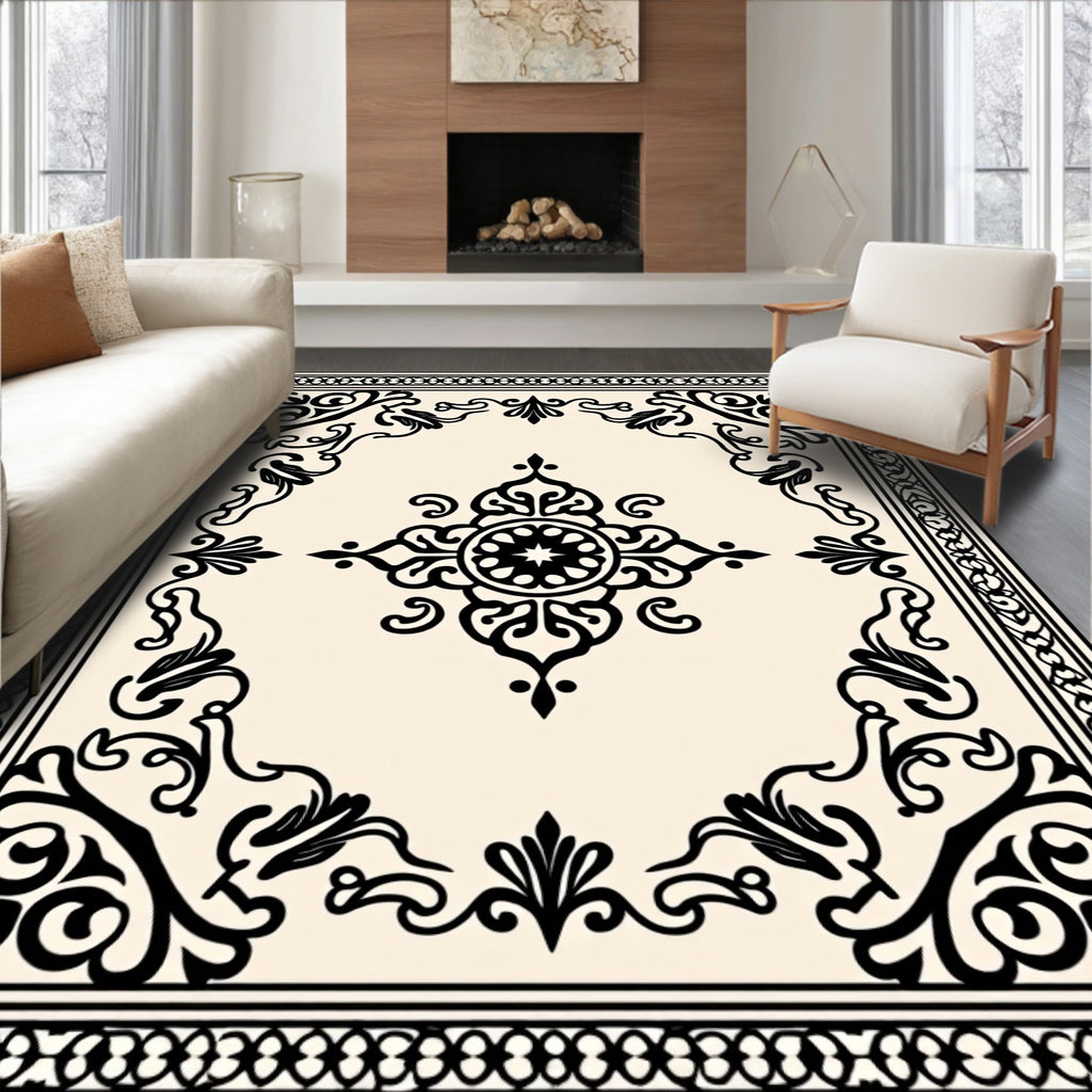 Classic Black Beige Ornamental Design Rug