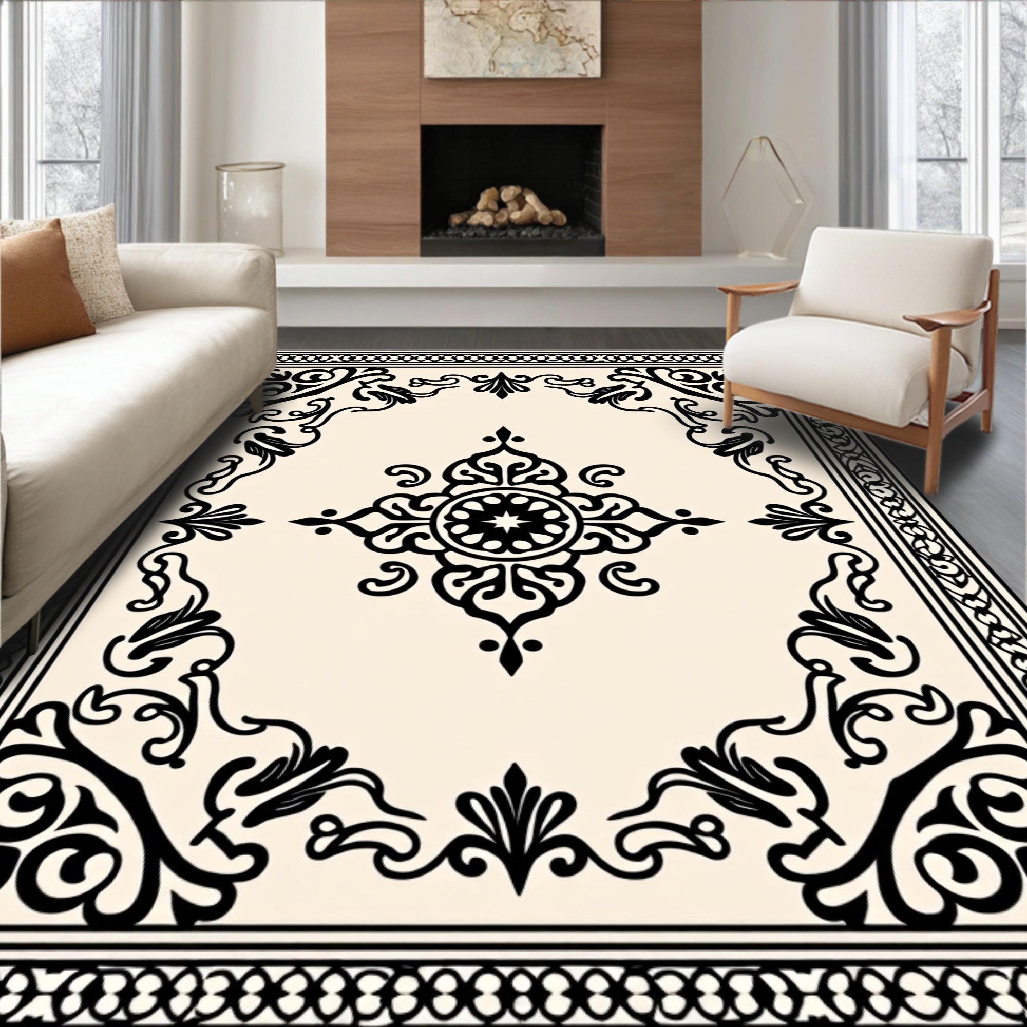 Classic Black Beige Ornamental Design Rug