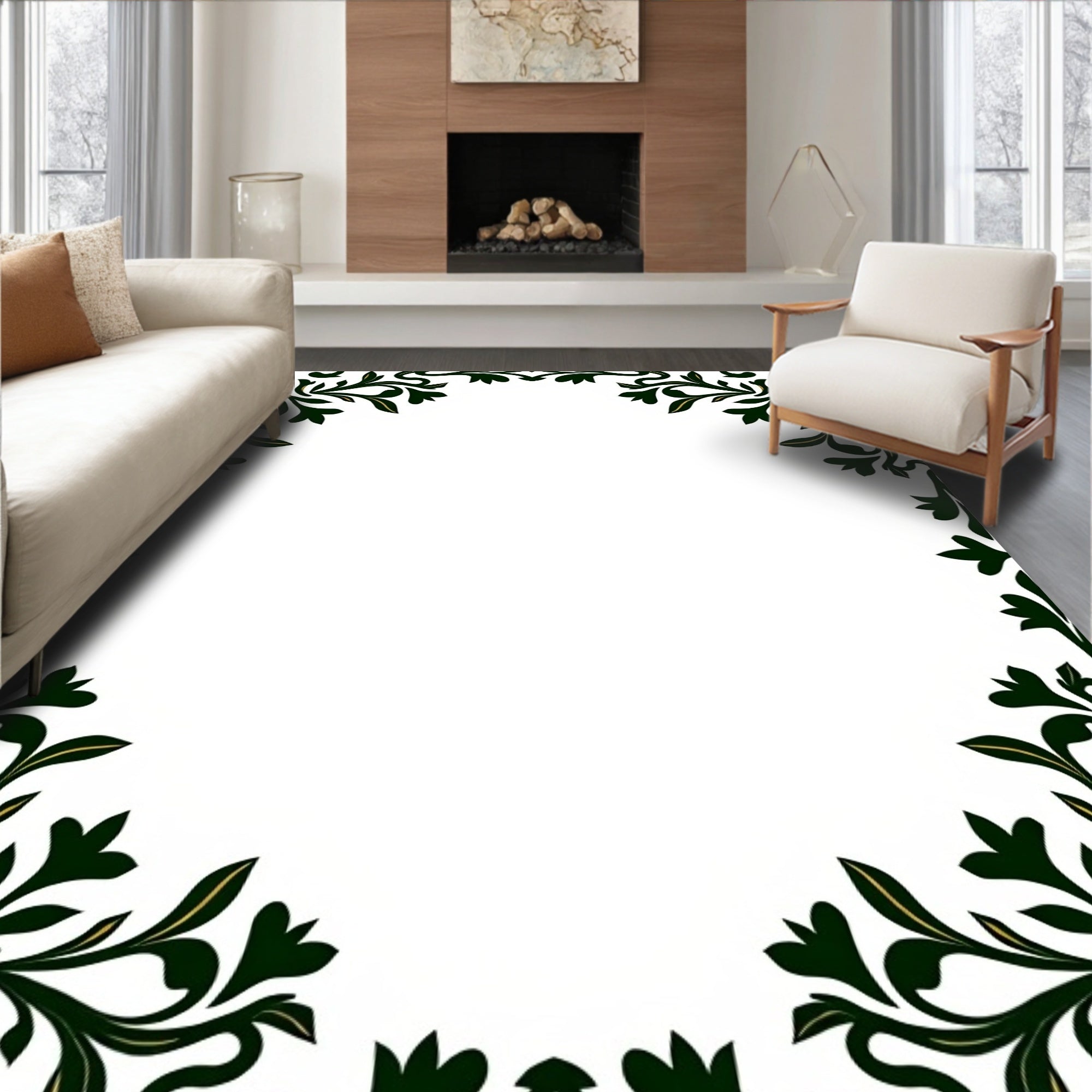 Dark Green Floral Scroll Border Rug