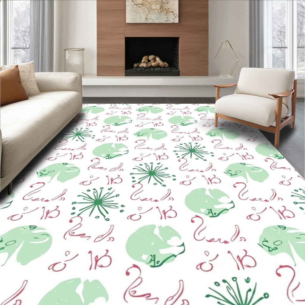 Light Green Pink Calligraphy Floral Rug