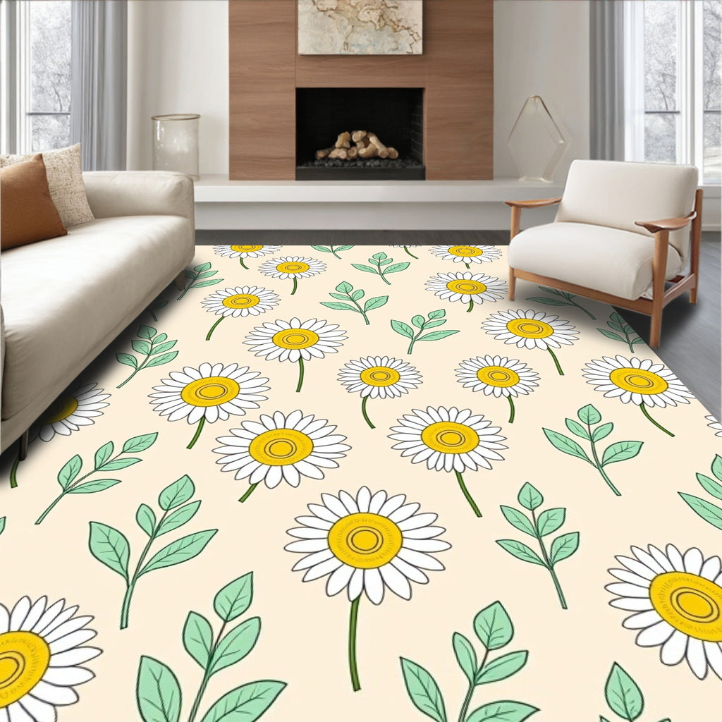 White Daisy Green Leaf Pattern Rug
