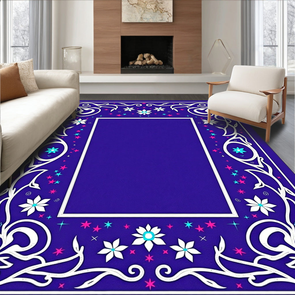Vibrant Floral Scrollwork Star Border Rug