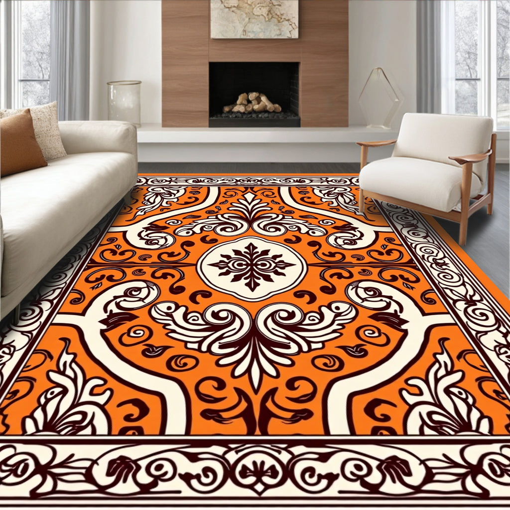 Orange Cream Symmetric Floral Pattern Rug