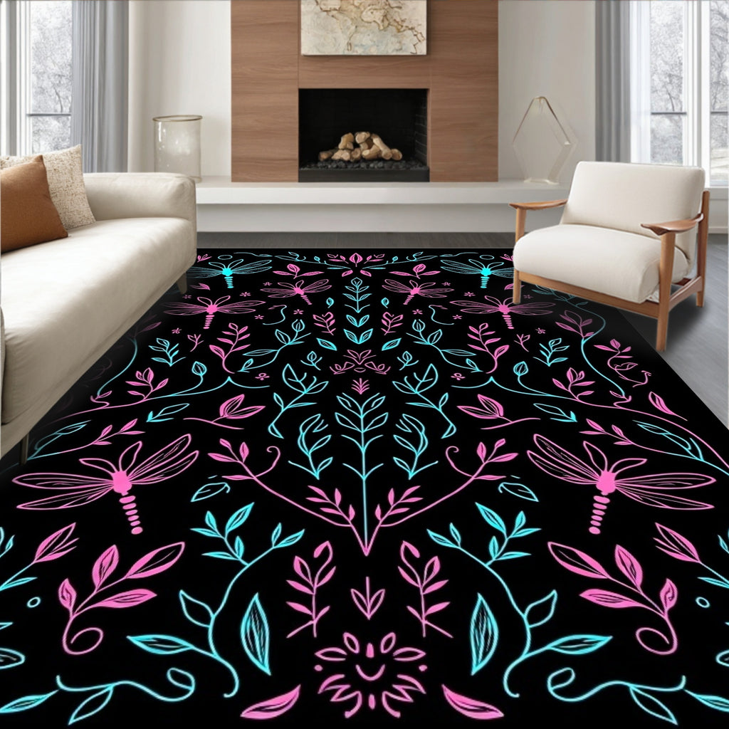 Artistic Dragonfly Leaf Pattern Rug