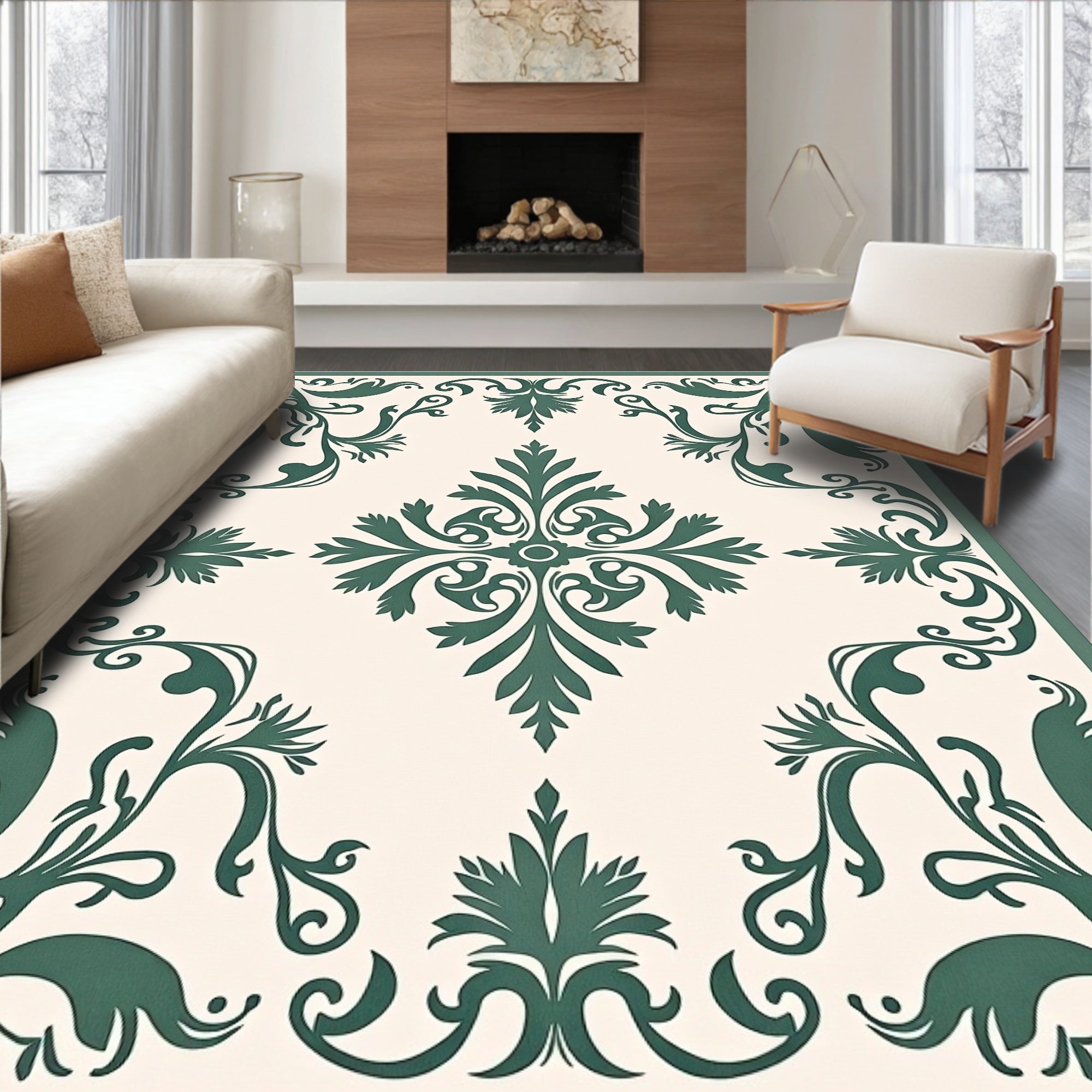 Ornate Scrollwork Cream Emerald Rug